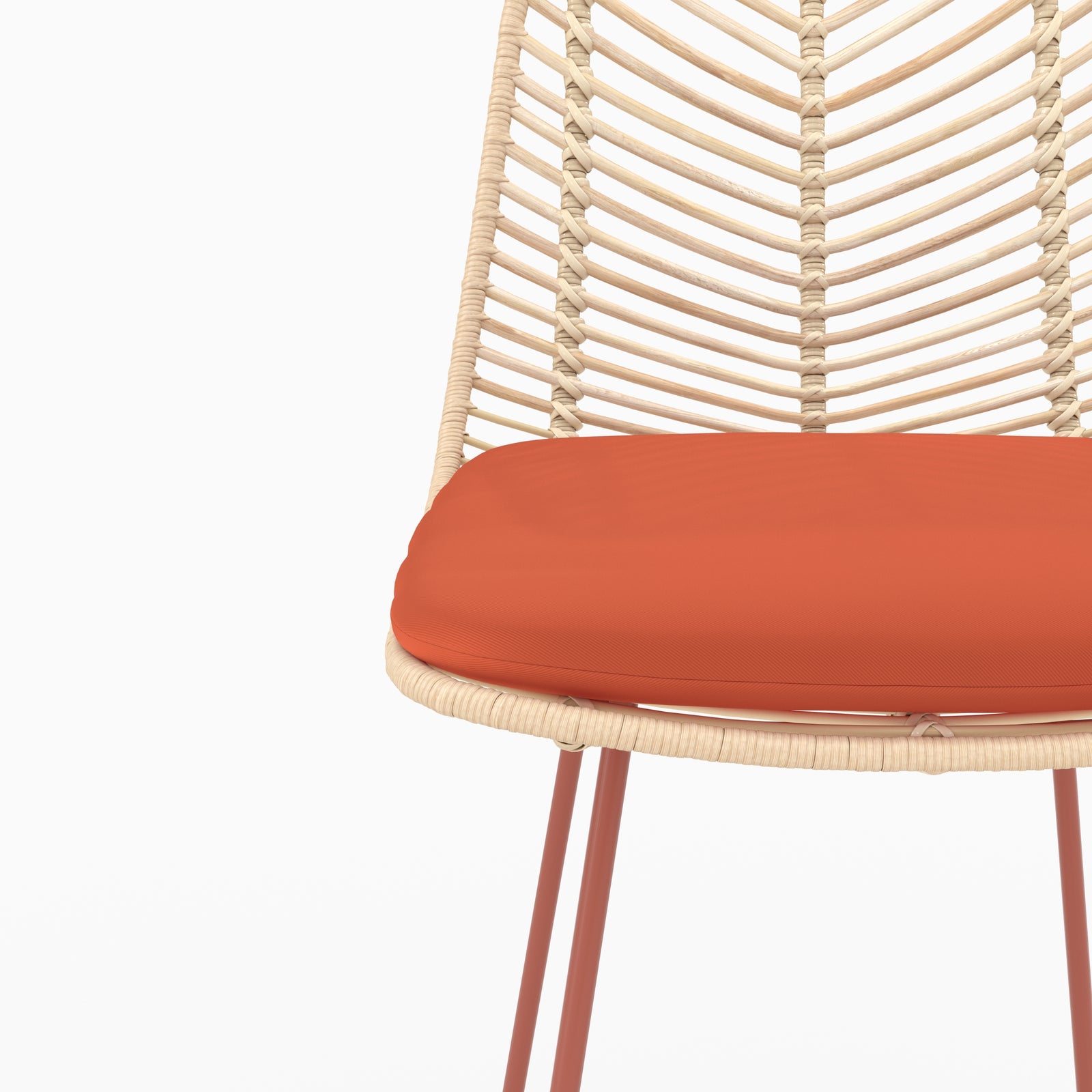 Détail de l'assise en tissu orange vermillon et du dossier en rotin de la chaise pour îlot central Tamara - Maison Pavane