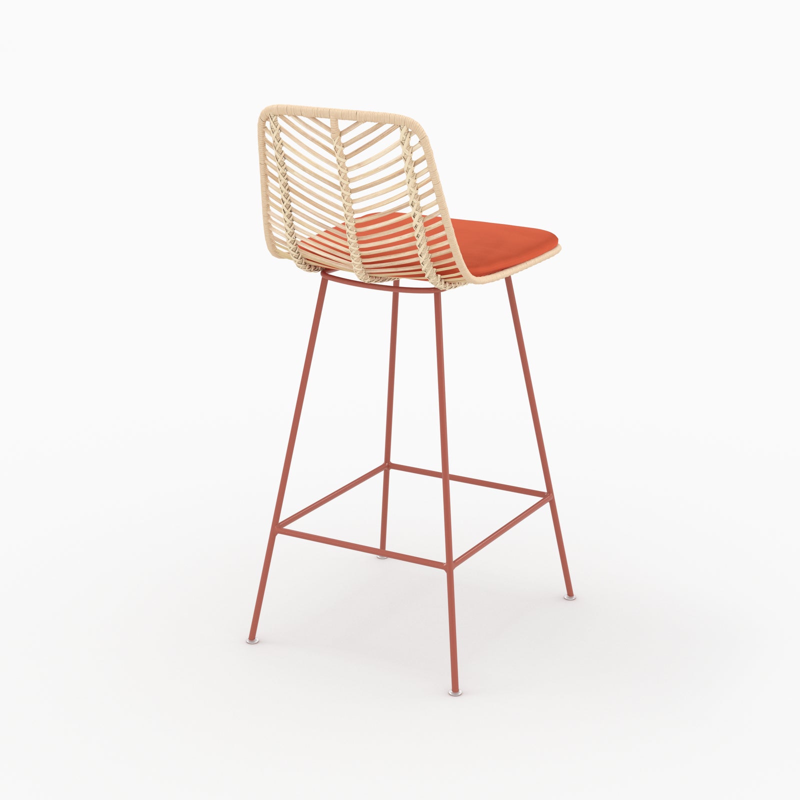 Chaise pour îlot central Tamara en rotin et tissu orange vermillon, vue de trois quarts arrière - Maison Pavane