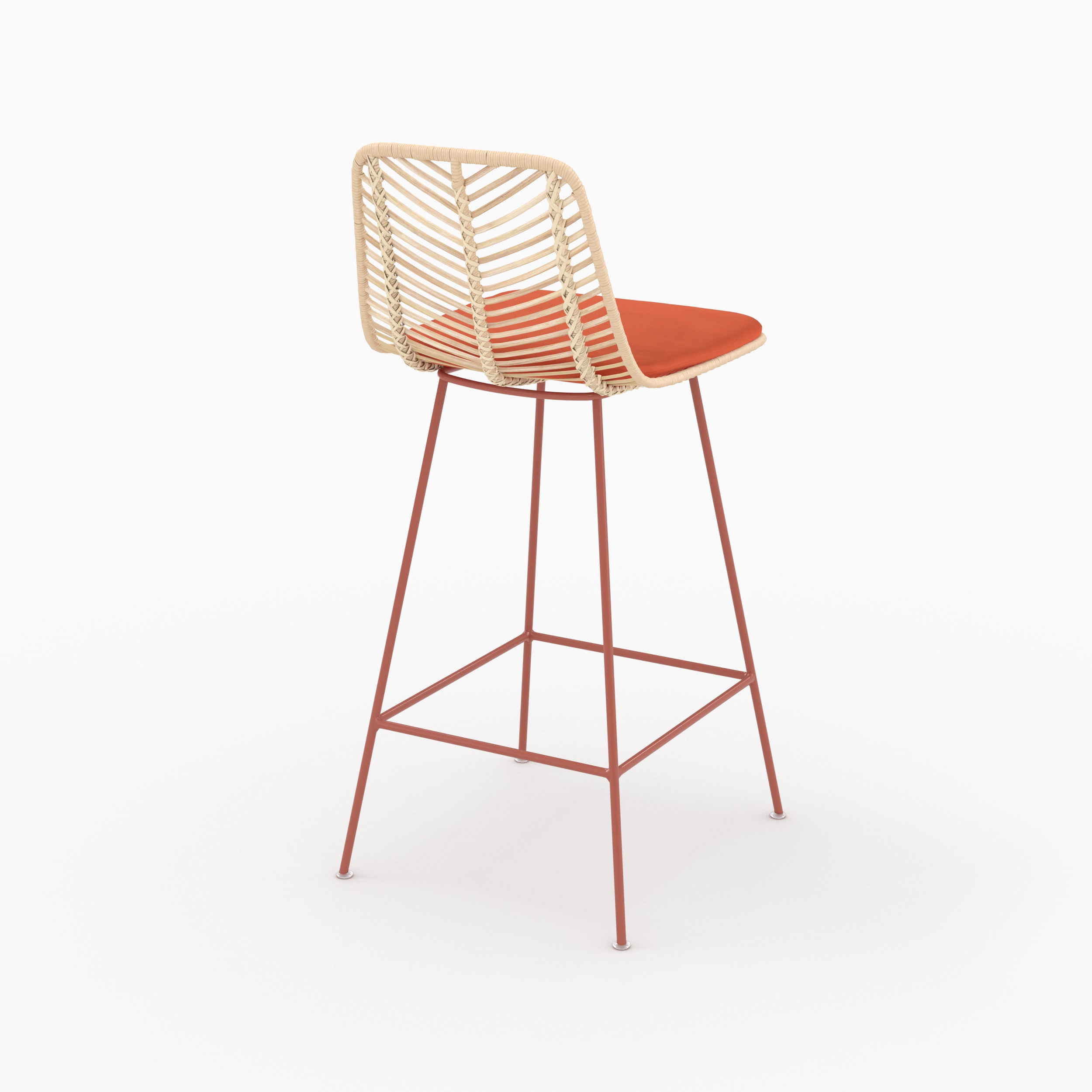 Chaise pour îlot central Tamara en rotin et tissu orange vermillon, vue de trois quarts arrière - Maison Pavane