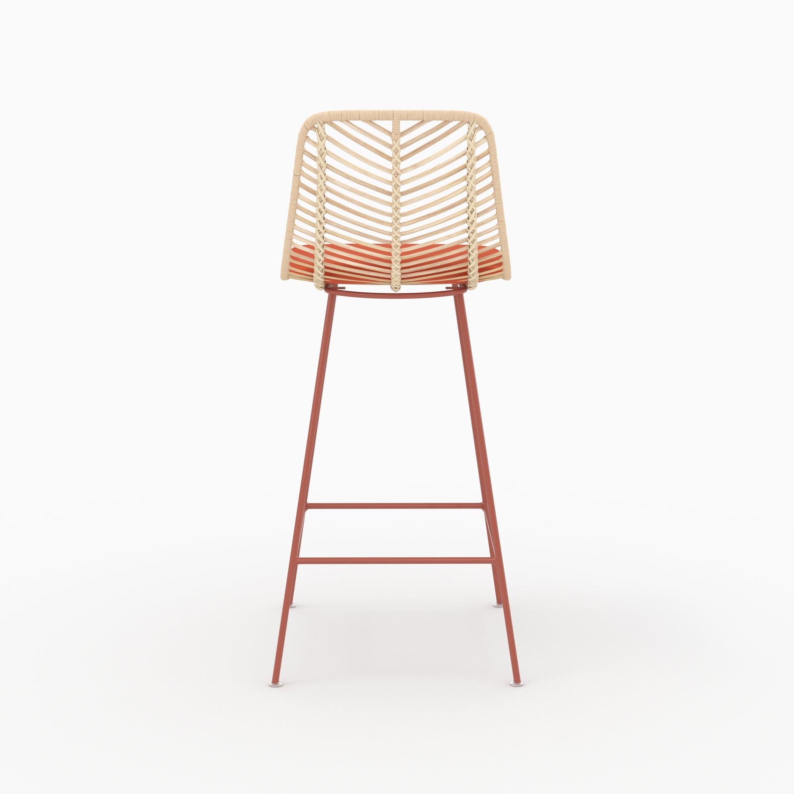 Chaise pour îlot central Tamara en rotin et tissu orange vermillon, vue de dos - Maison Pavane