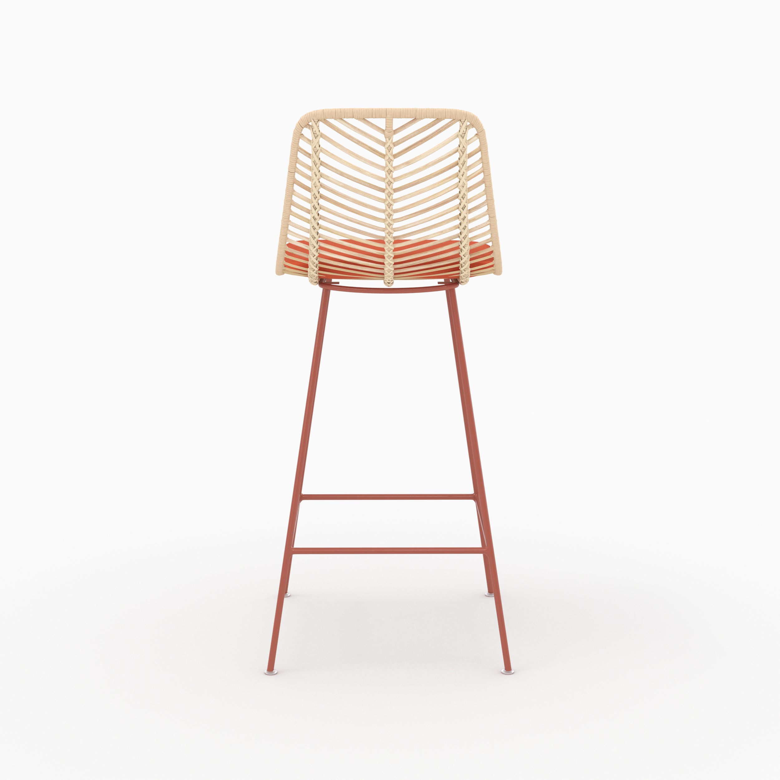 Chaise pour îlot central Tamara en rotin et tissu orange vermillon, vue de dos - Maison Pavane