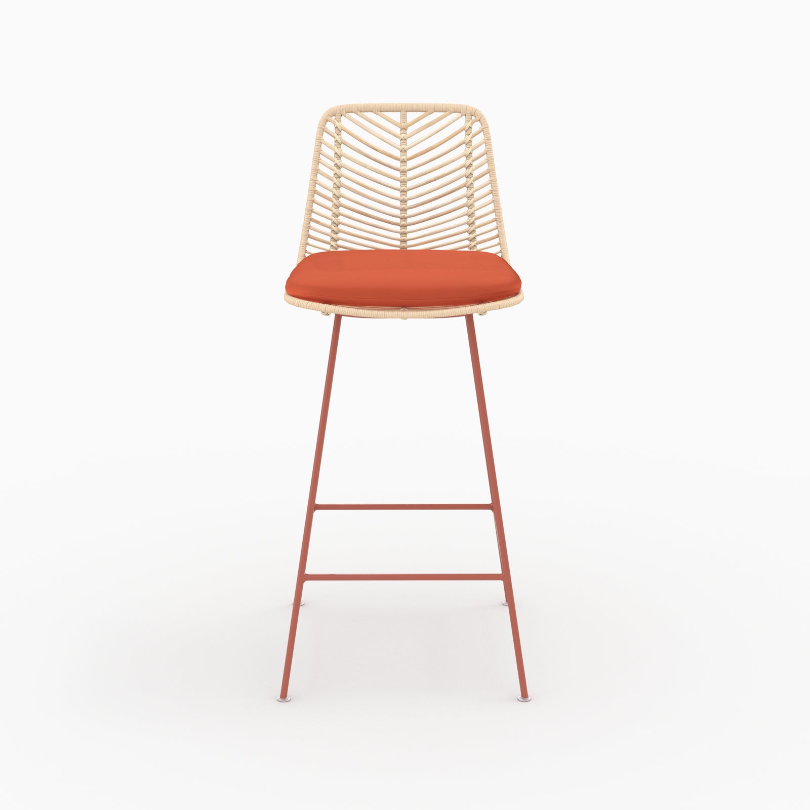 Chaise pour îlot central Tamara en rotin et tissu orange vermillon, assise 66 cm, vue de face - Maison Pavane