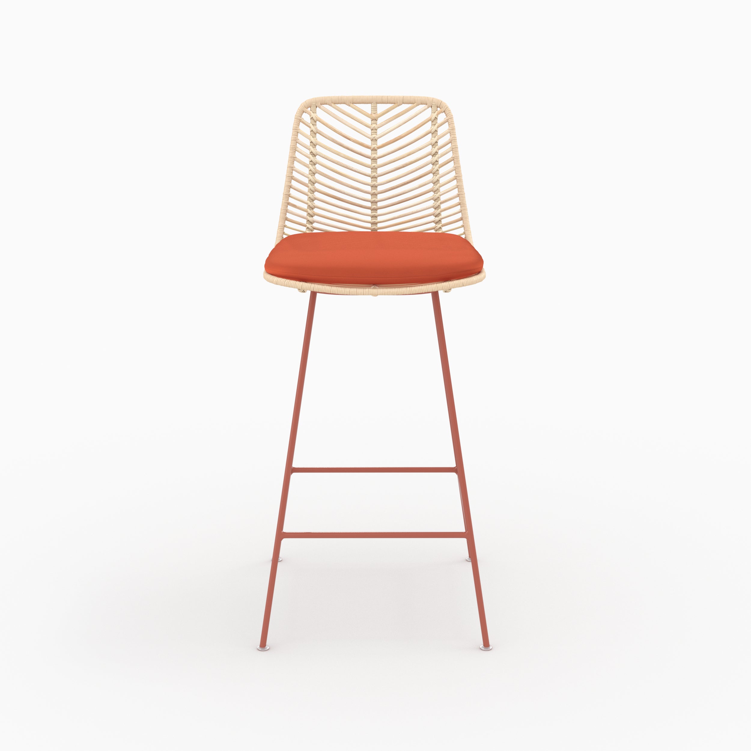 Chaise pour îlot central Tamara en rotin et tissu orange vermillon, assise 66 cm, vue de face - Maison Pavane