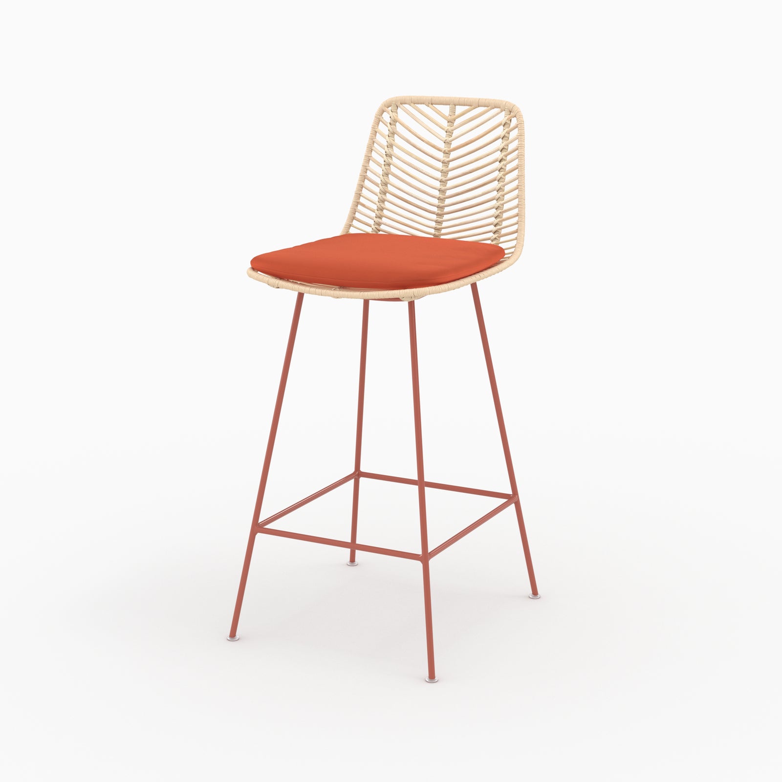 Chaise pour îlot central Tamara en rotin et tissu orange vermillon, vue de trois quarts - Maison Pavane