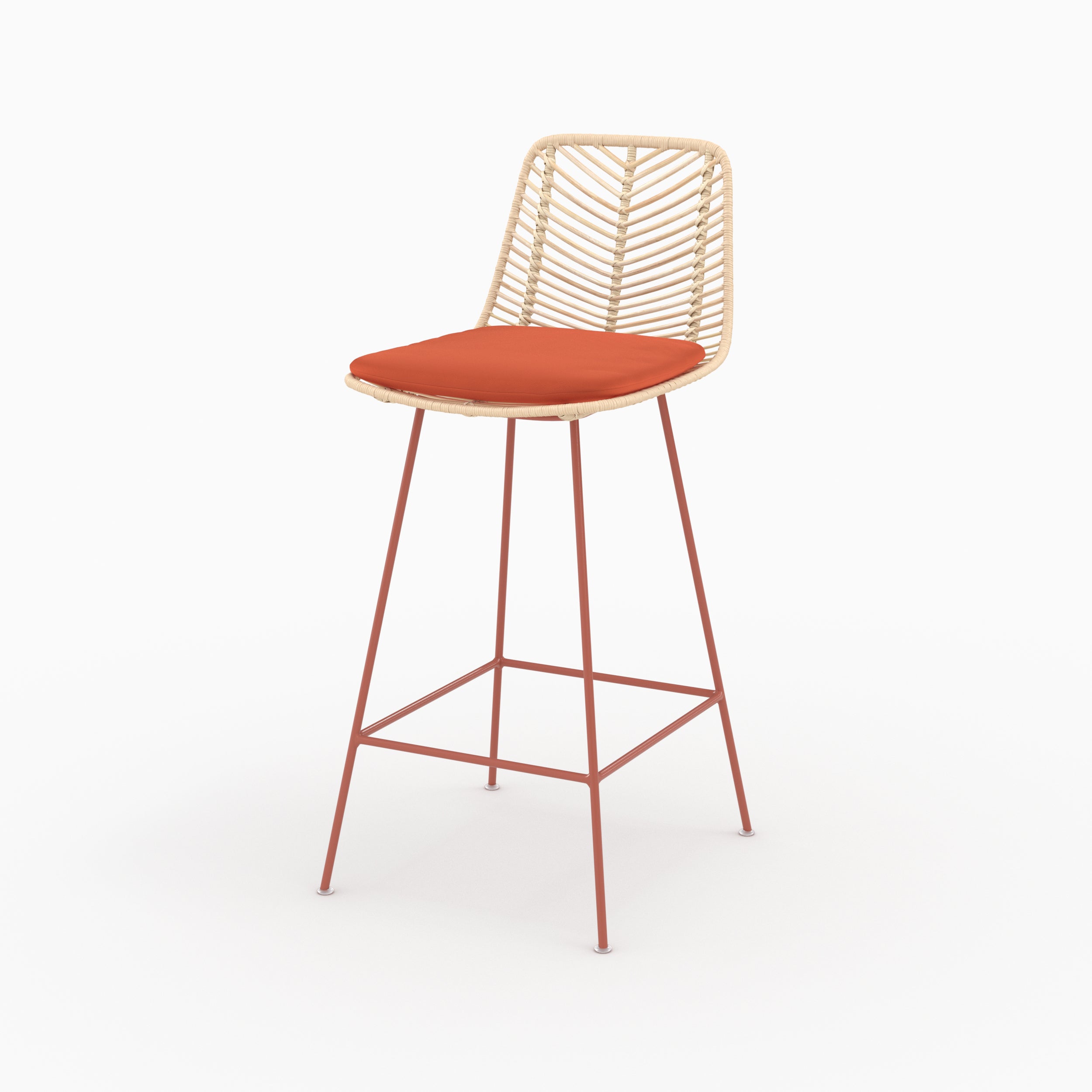 Chaise pour îlot central Tamara en rotin et tissu orange vermillon, vue de trois quarts - Maison Pavane