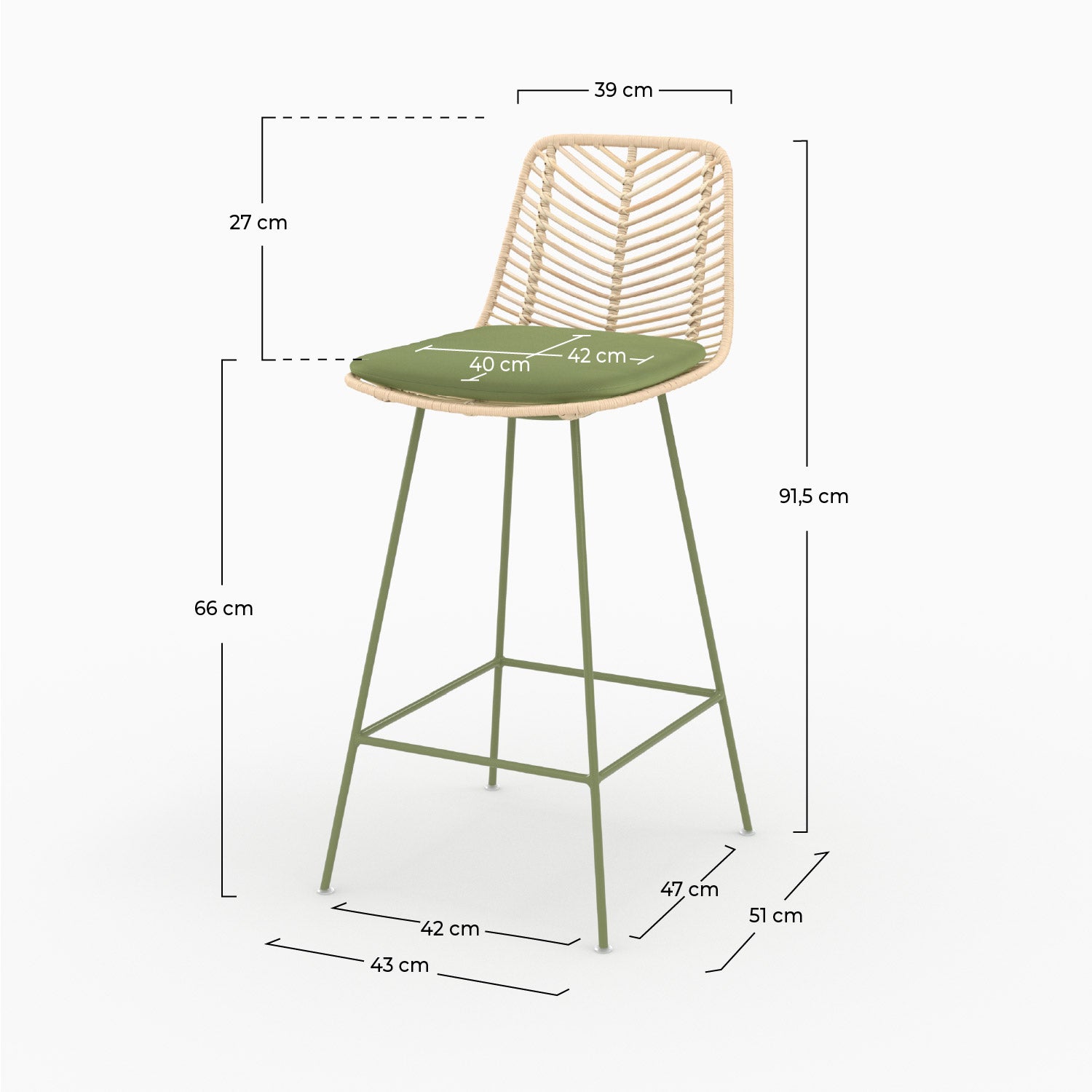 Dimensions de la chaise pour îlot central Tamara en rotin et tissu vert olive, assise 66 cm - Maison Pavane