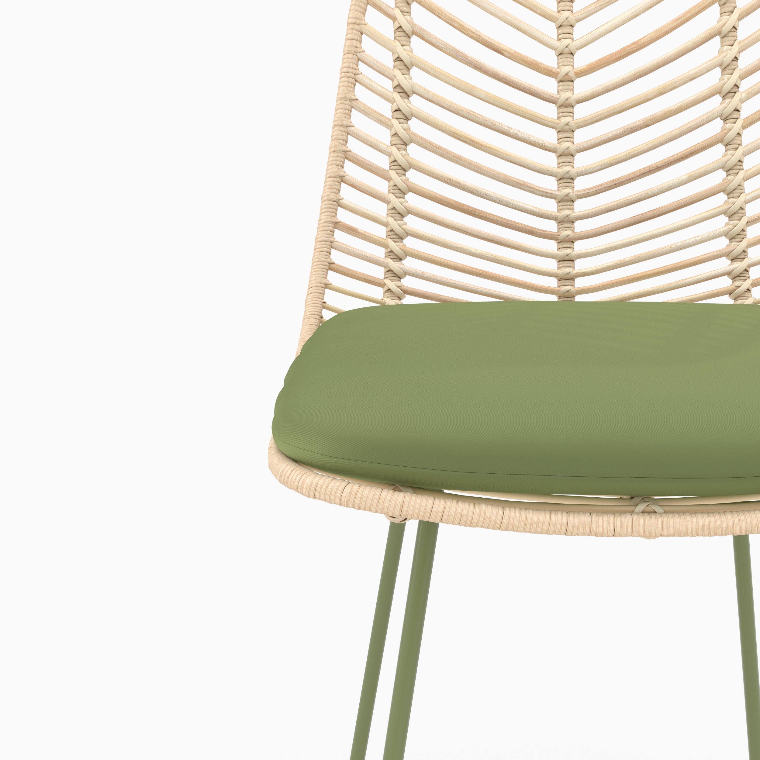 Détail de l'assise en tissu vert olive et du dossier en rotin de la chaise pour îlot central Tamara - Maison Pavane