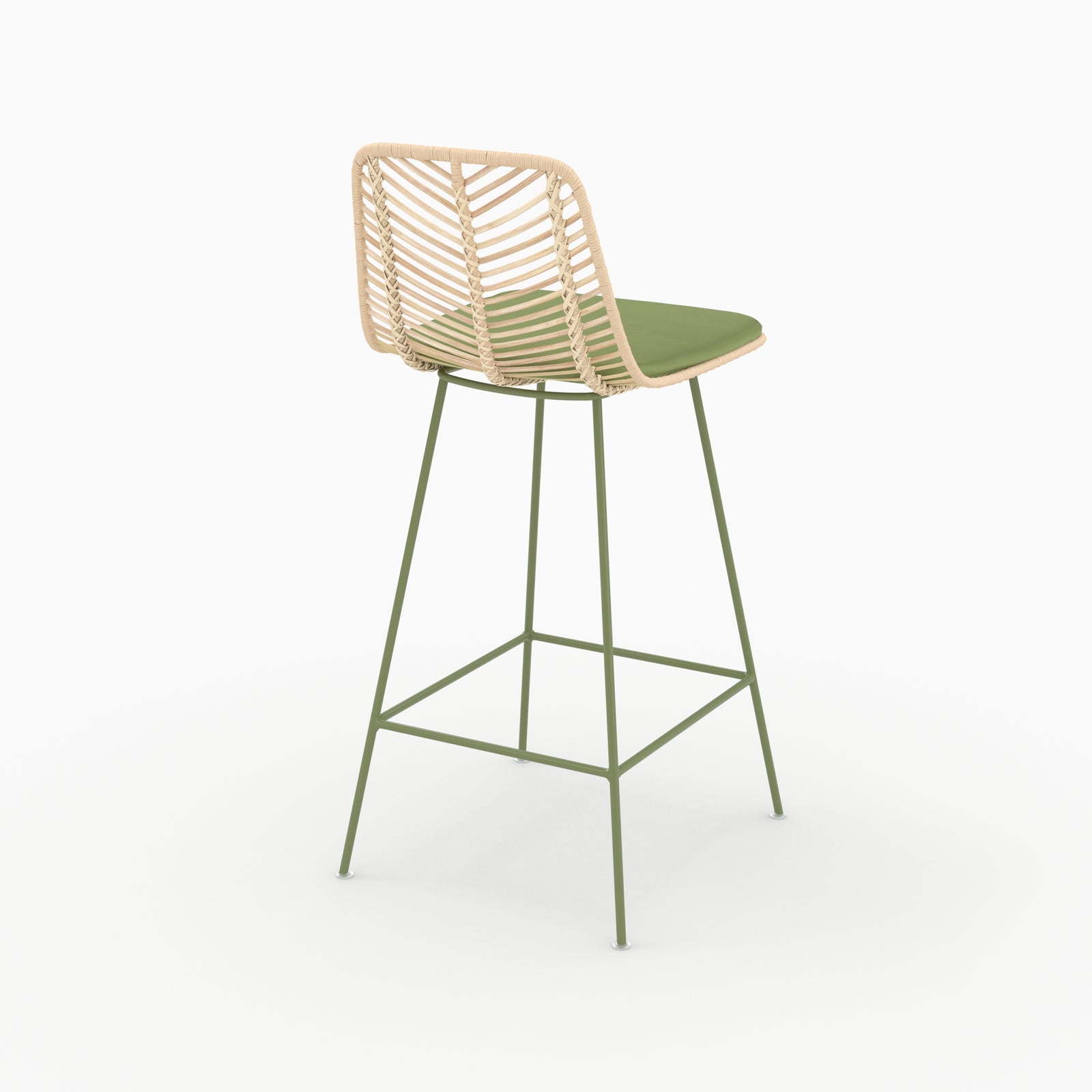 Chaise pour îlot central Tamara en rotin et tissu vert olive, vue de trois quarts arrière - Maison Pavane