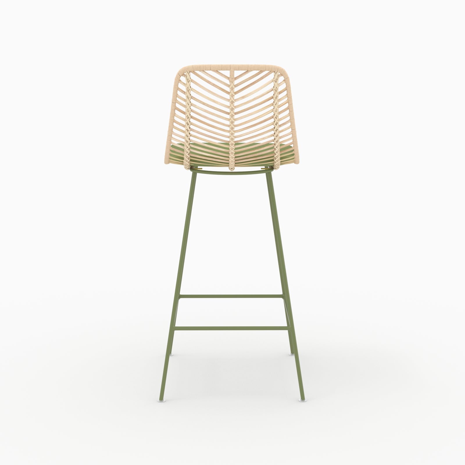 Chaise pour îlot central Tamara en rotin et tissu vert olive, vue de dos - Maison Pavane