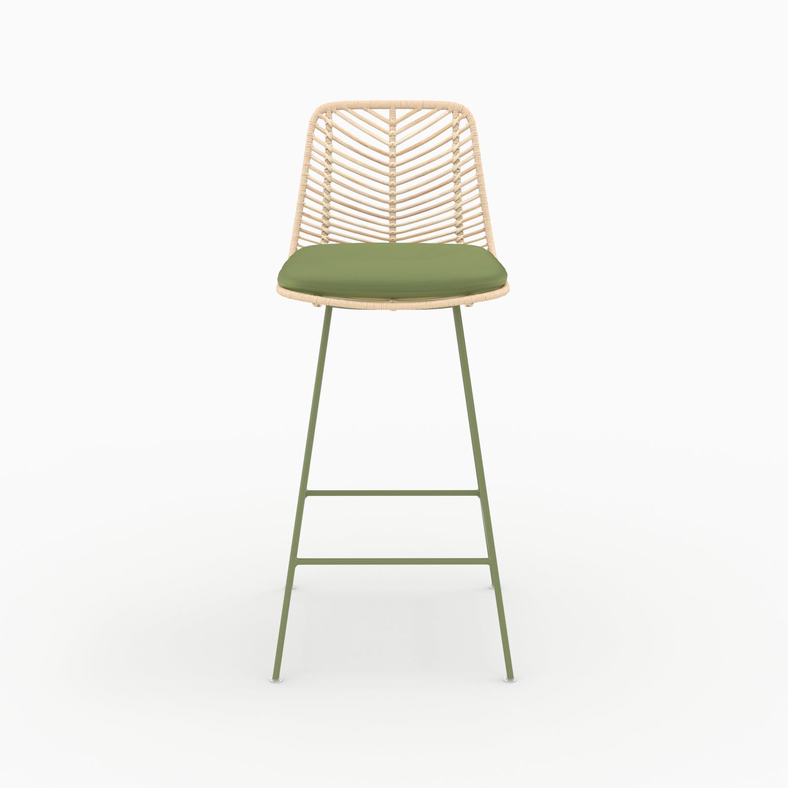 Chaise pour îlot central Tamara en rotin et tissu vert olive, assise 66 cm, vue de face - Maison Pavane