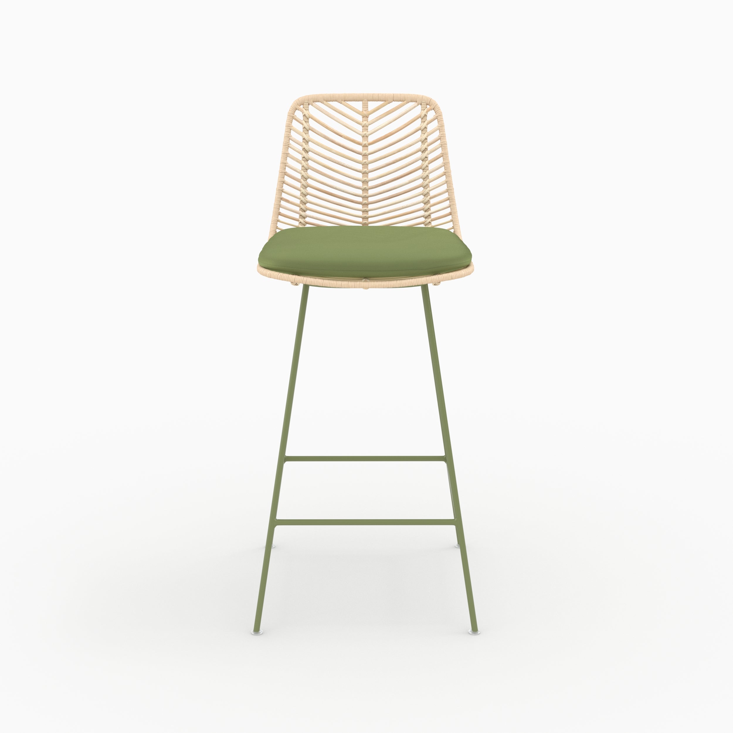 Chaise pour îlot central Tamara en rotin et tissu vert olive, assise 66 cm, vue de face - Maison Pavane