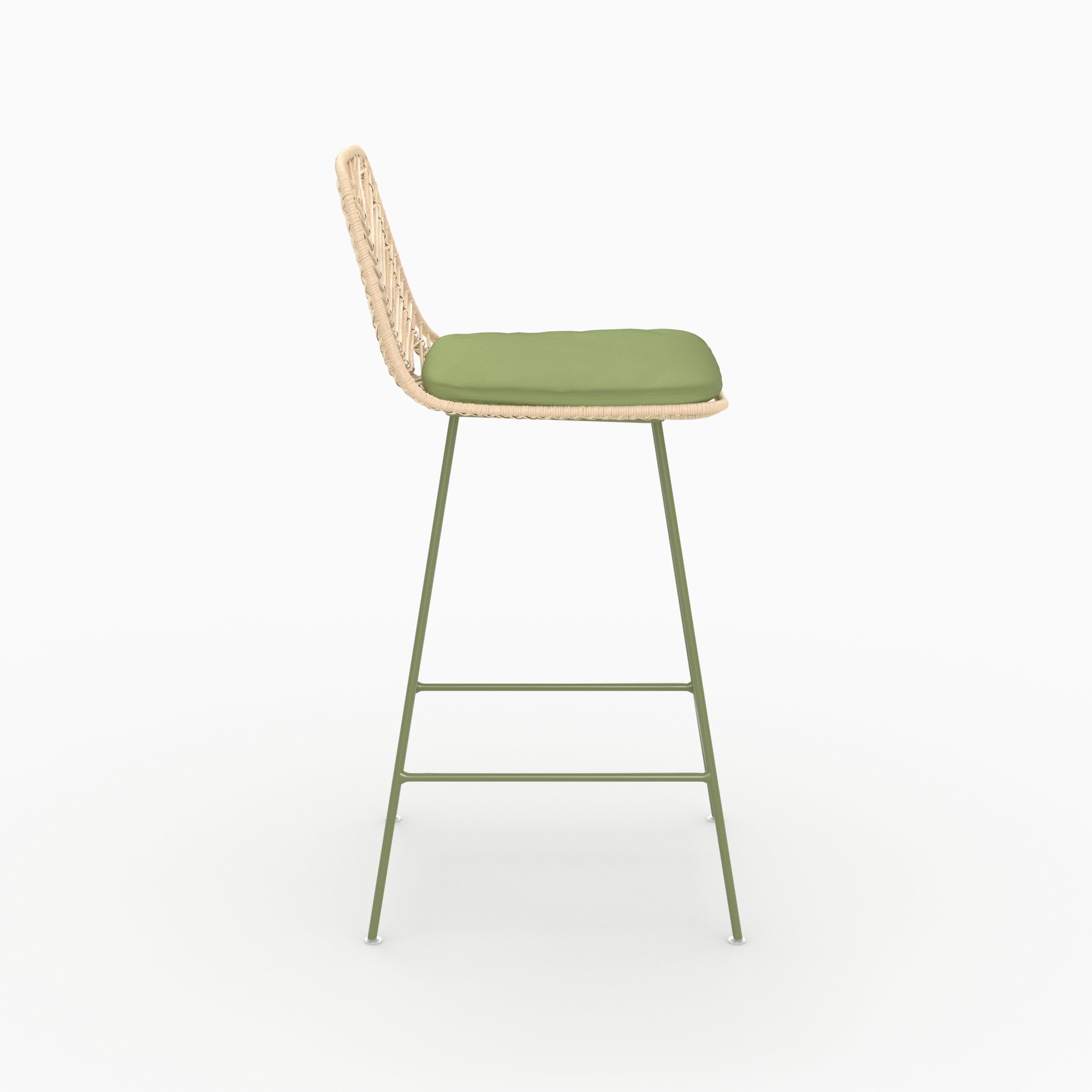 Chaise pour îlot central Tamara en rotin et tissu vert olive, vue de profil avec repose-pieds - Maison Pavane