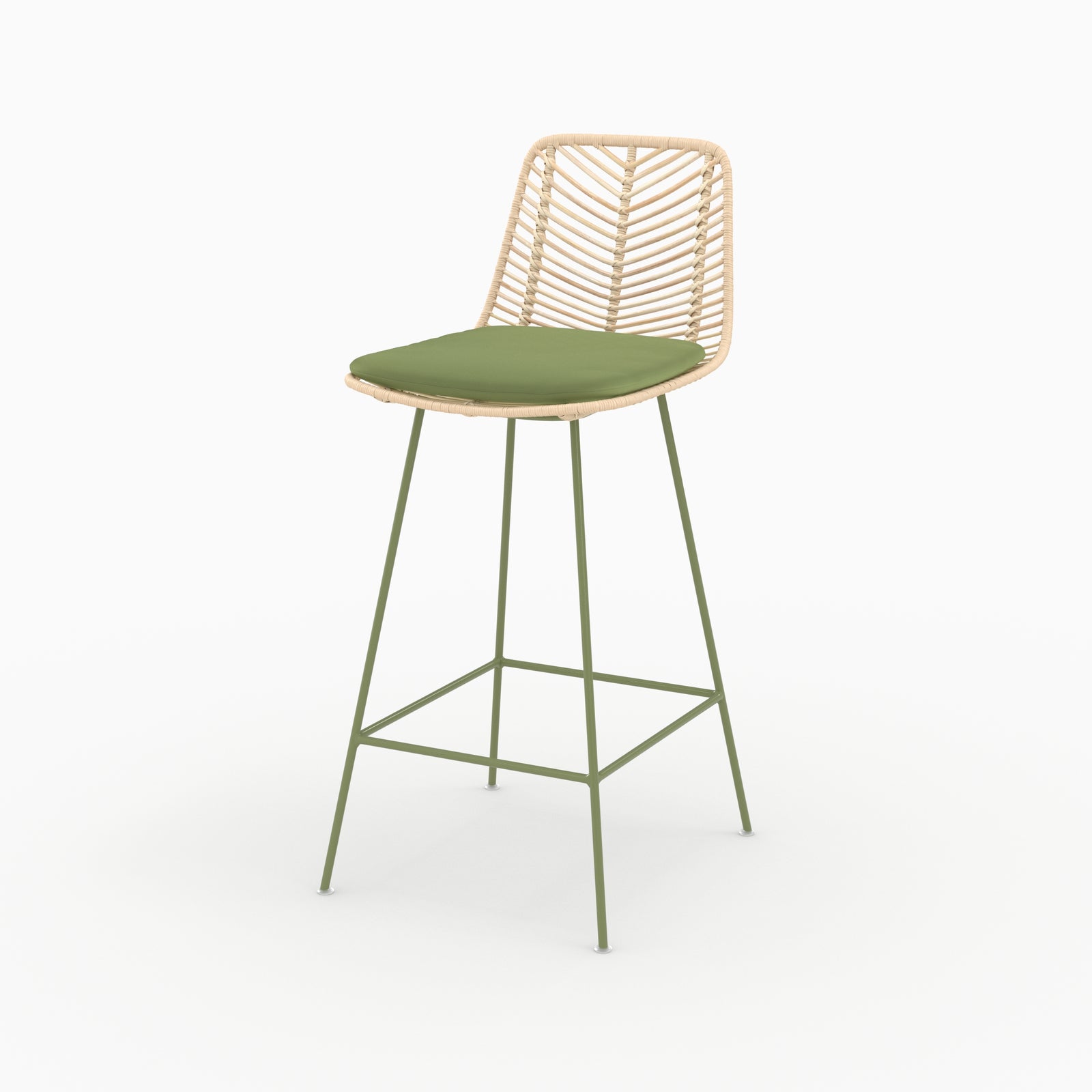 Chaise pour îlot central Tamara en rotin et tissu vert olive, vue de trois quarts - Maison Pavane