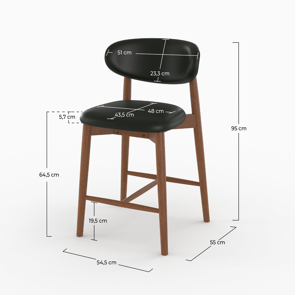 Dimensions de la chaise pour ilot central Yuna 64,5 cm en cuir synthétique noir - Maison Pavane