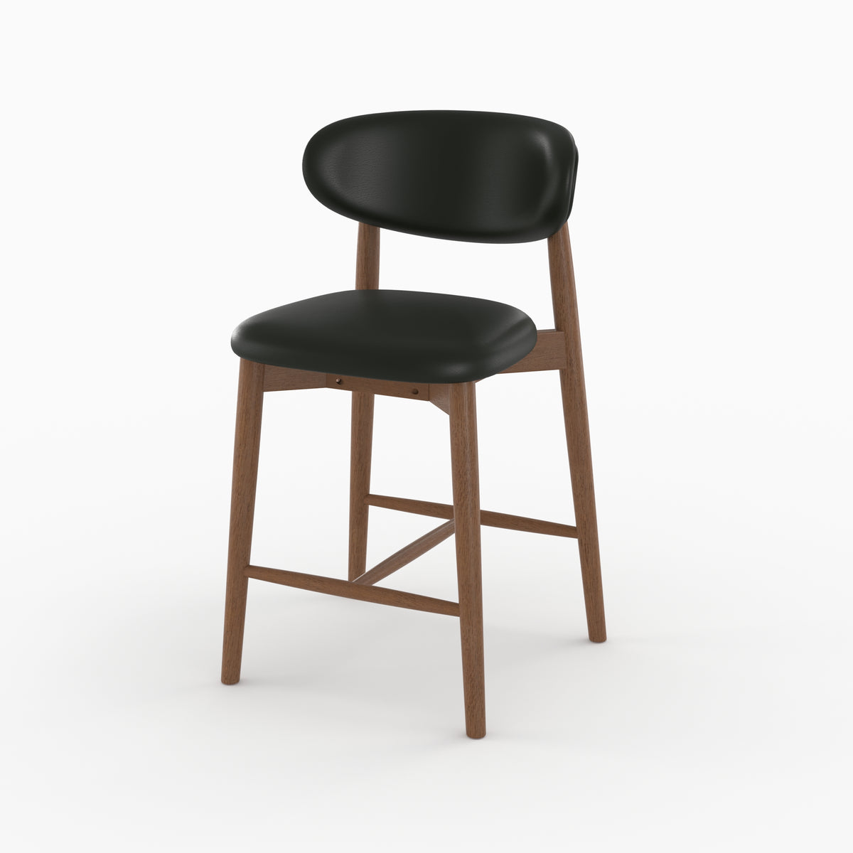Chaise pour ilot central Yuna 64,5 cm en cuir synthétique noir et bois foncé, vue de trois quarts - Maison Pavane