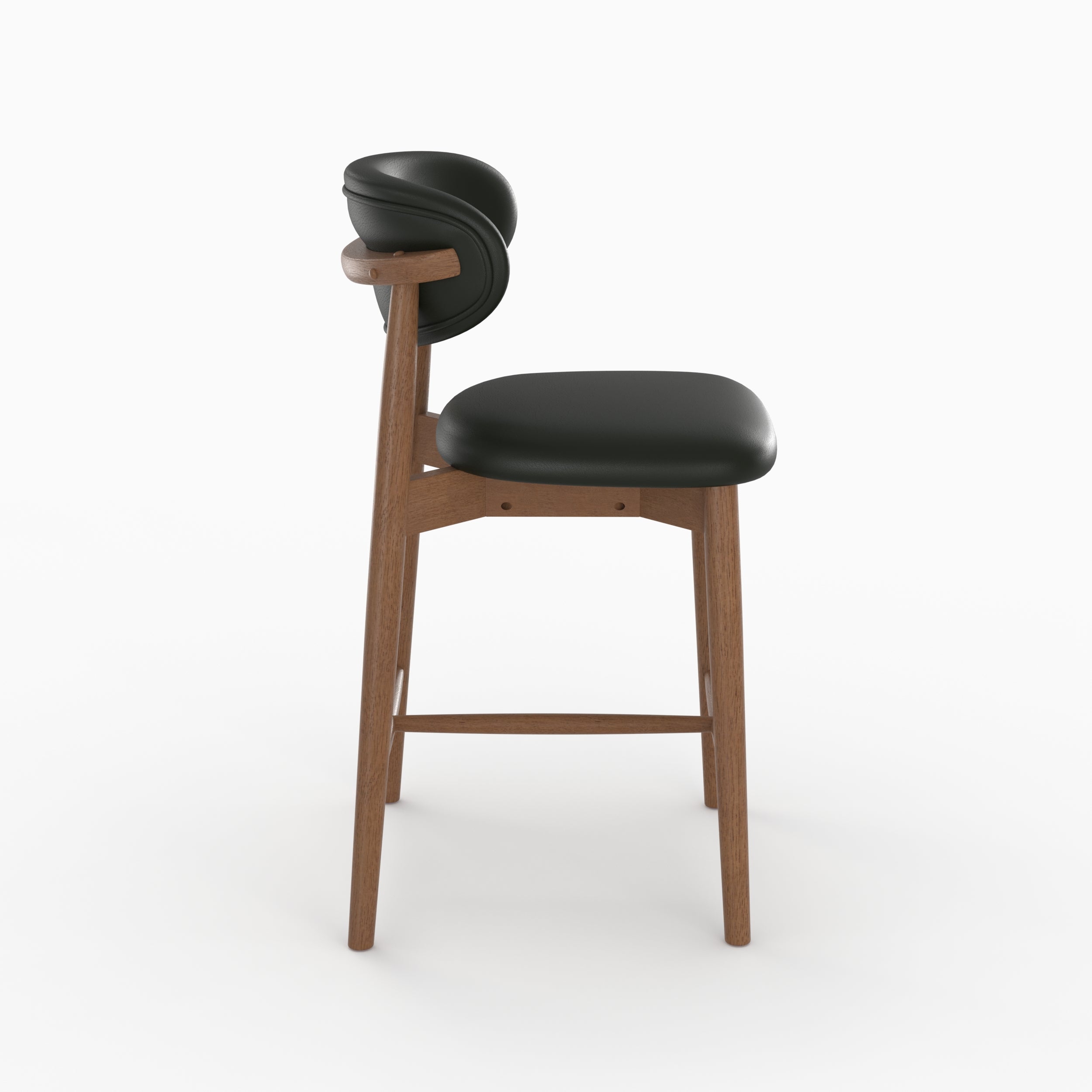 Chaise pour ilot central Yuna en cuir synthétique noir et bois foncé, vue de profil - Maison Pavane