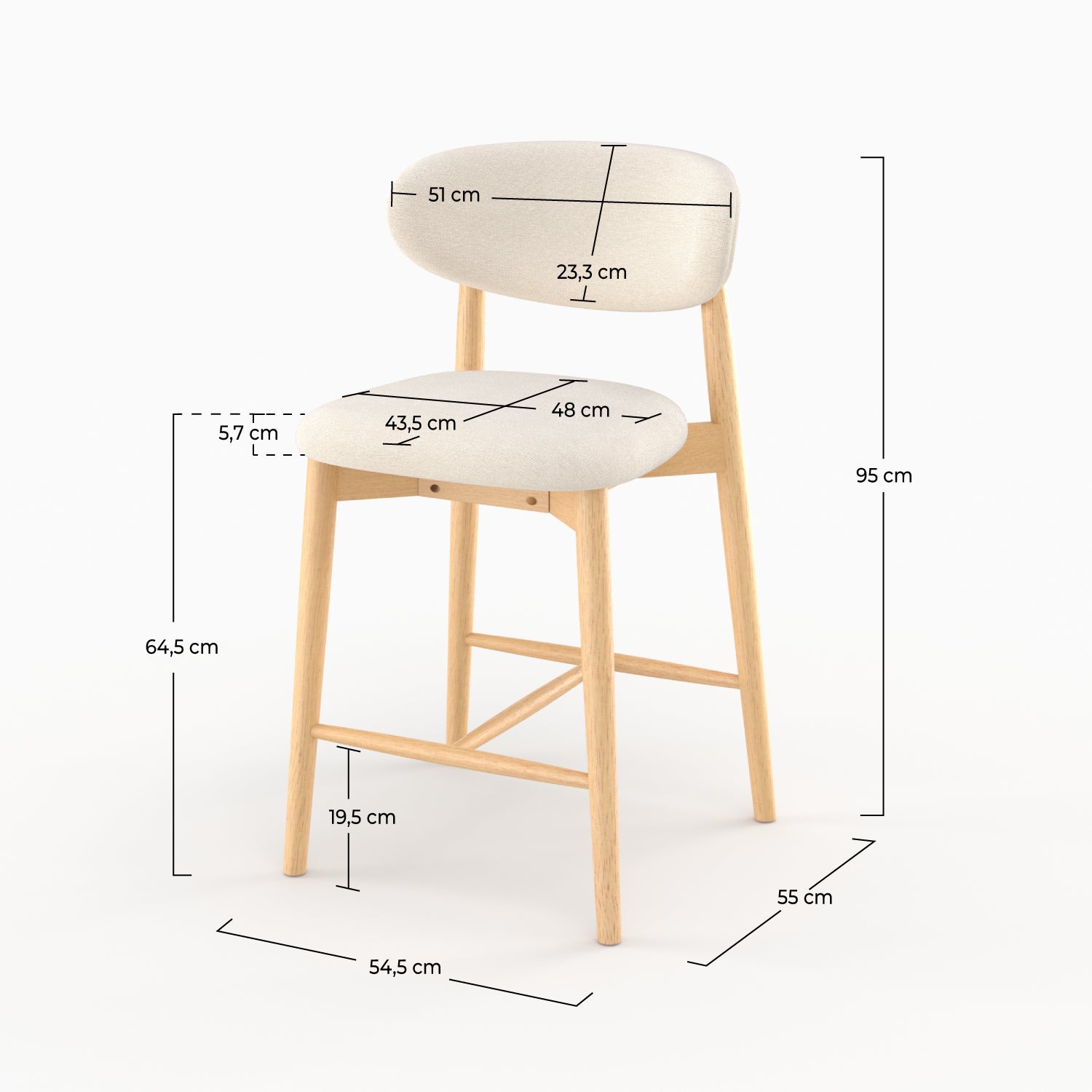 Dimensions de la chaise pour ilot central Yuna 64,5 cm en tissu beige et bois clair - Maison Pavane