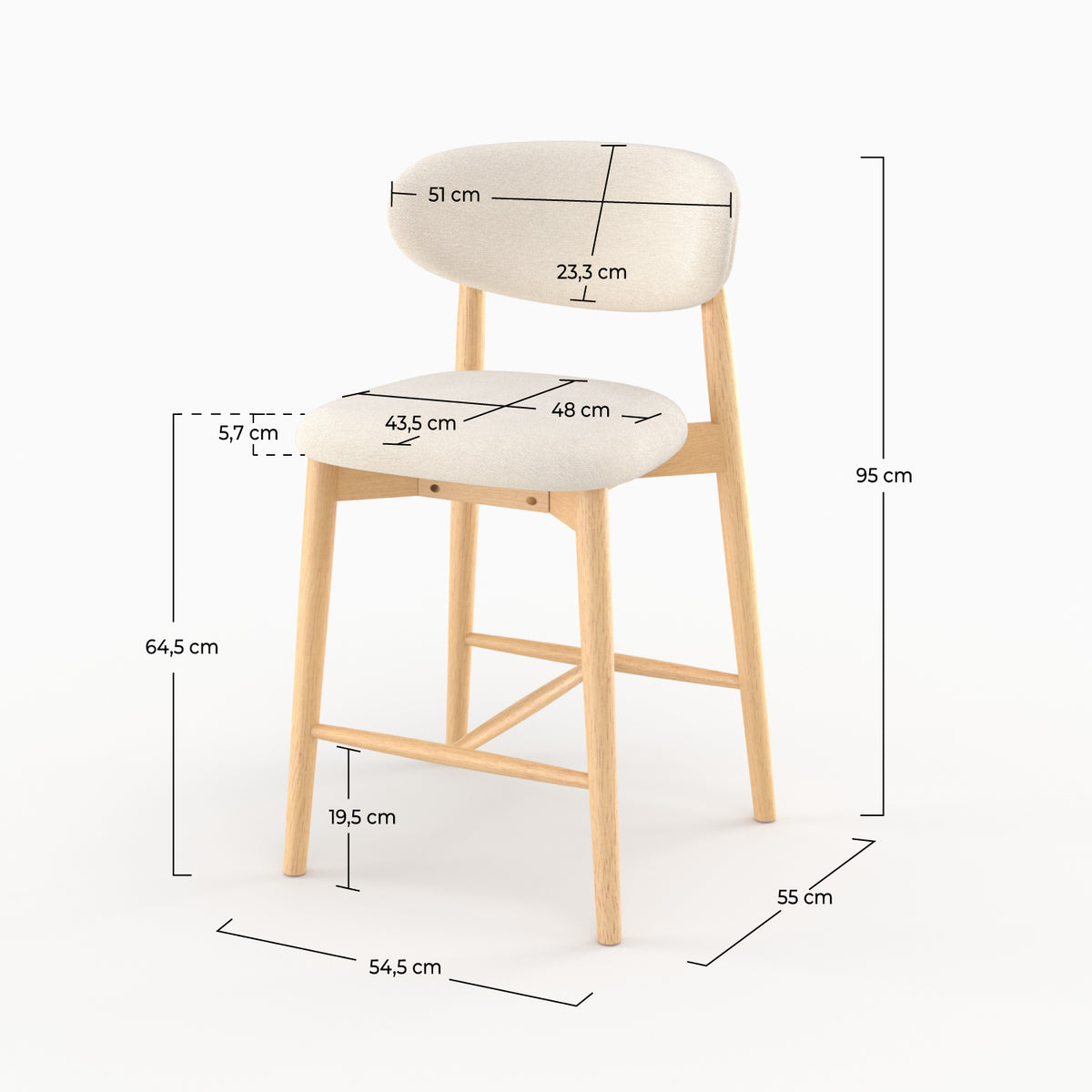 Dimensions de la chaise pour ilot central Yuna 64,5 cm en tissu beige et bois clair - Maison Pavane