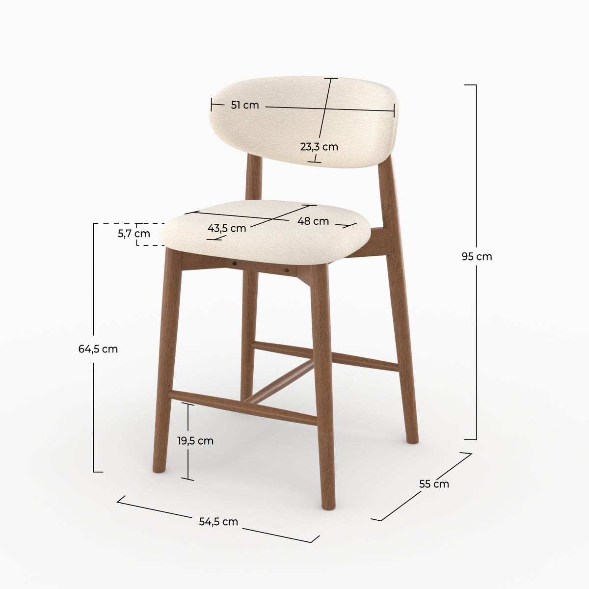 Dimensions de la chaise pour ilot central Yuna 64,5 cm en tissu beige et bois foncé - Maison Pavane