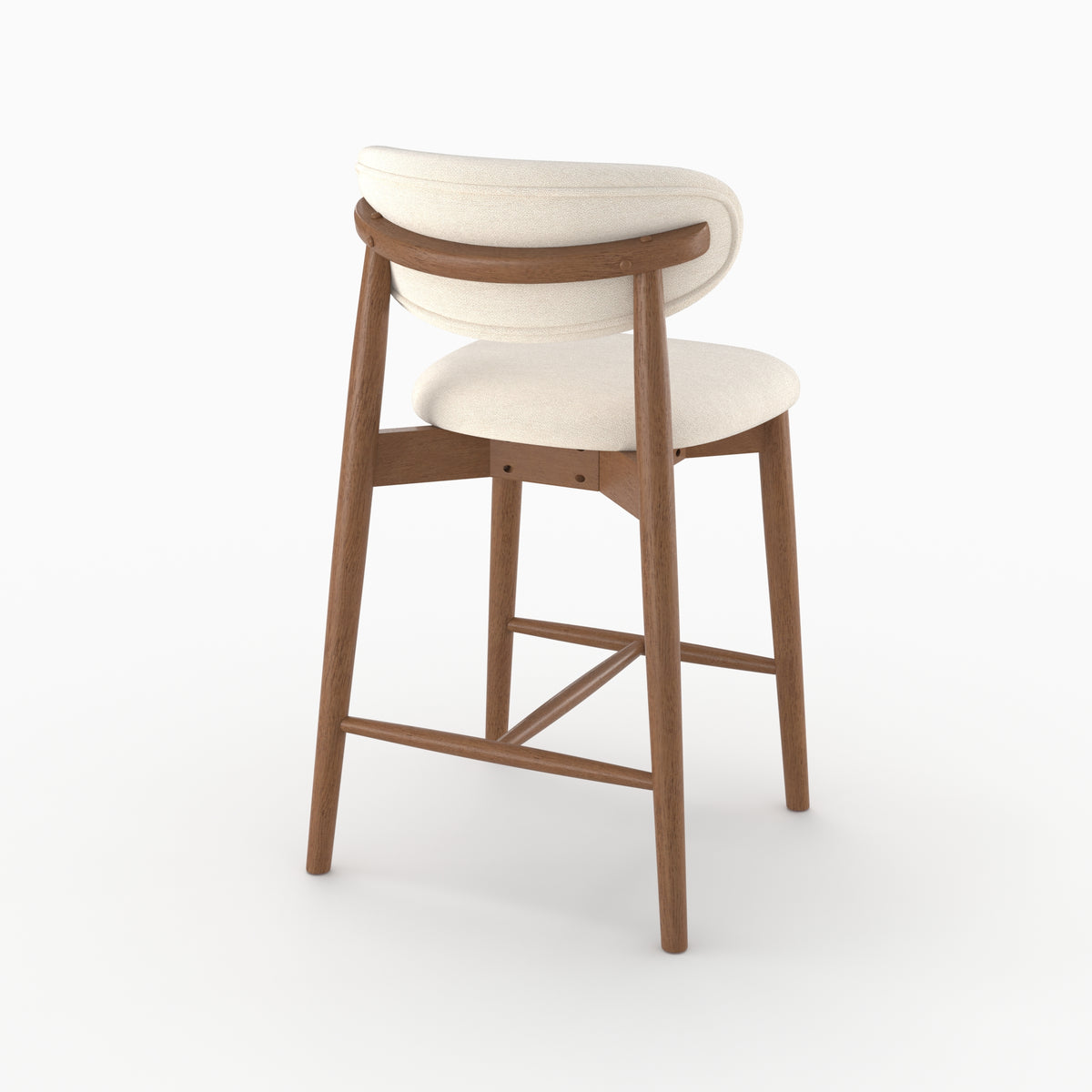 Chaise pour ilot central Yuna en tissu beige et bois foncé, vue de trois quarts arrière - Maison Pavane