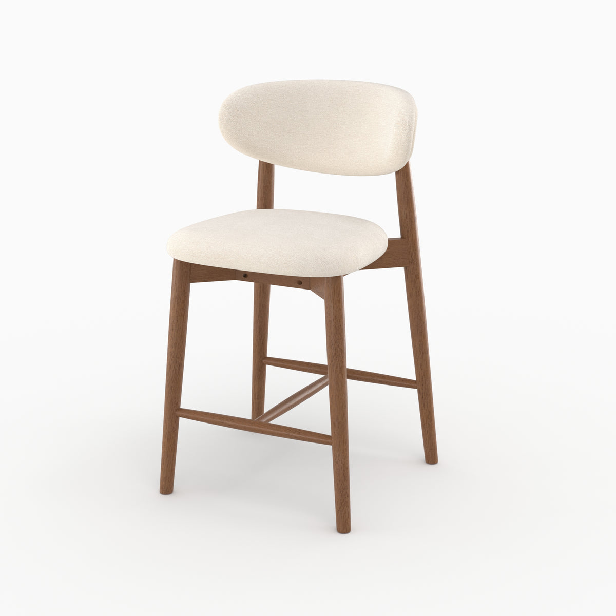 Chaise pour ilot central Yuna 64,5 cm en tissu beige et bois foncé, vue de trois quarts - Maison Pavane