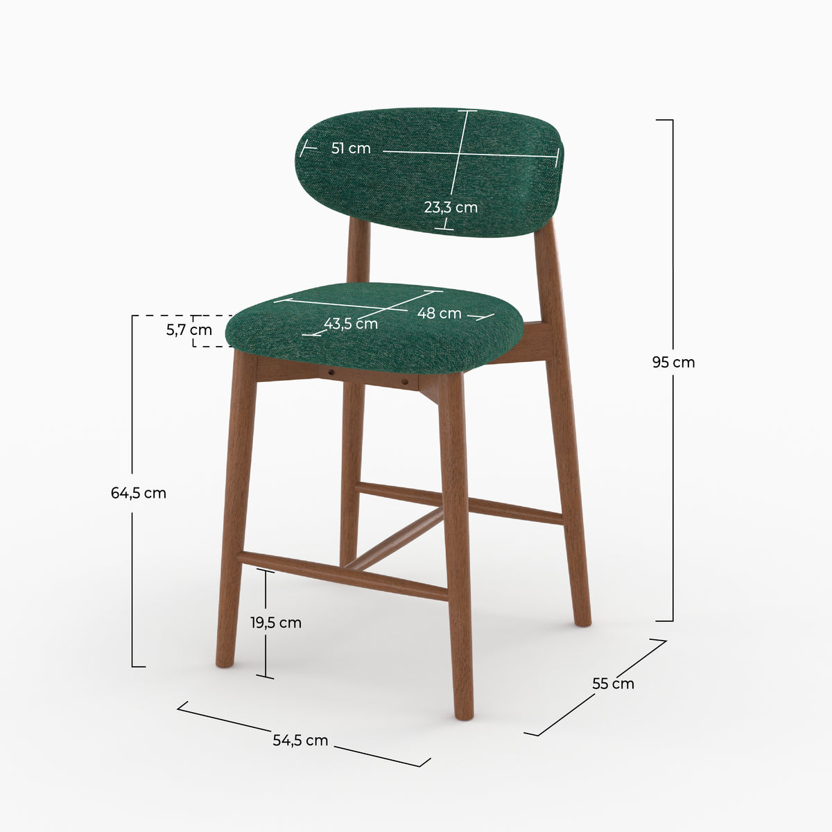Dimensions de la chaise pour ilot central Yuna 64,5 cm en tissu chiné vert sapin - Maison Pavane