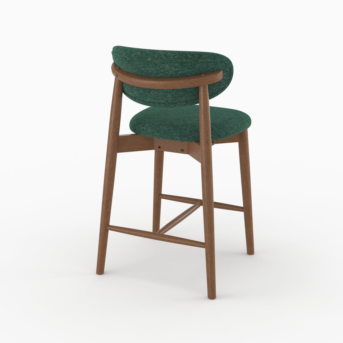 Chaise pour ilot central Yuna en tissu chiné vert sapin et bois foncé, vue de trois quarts arrière - Maison Pavane