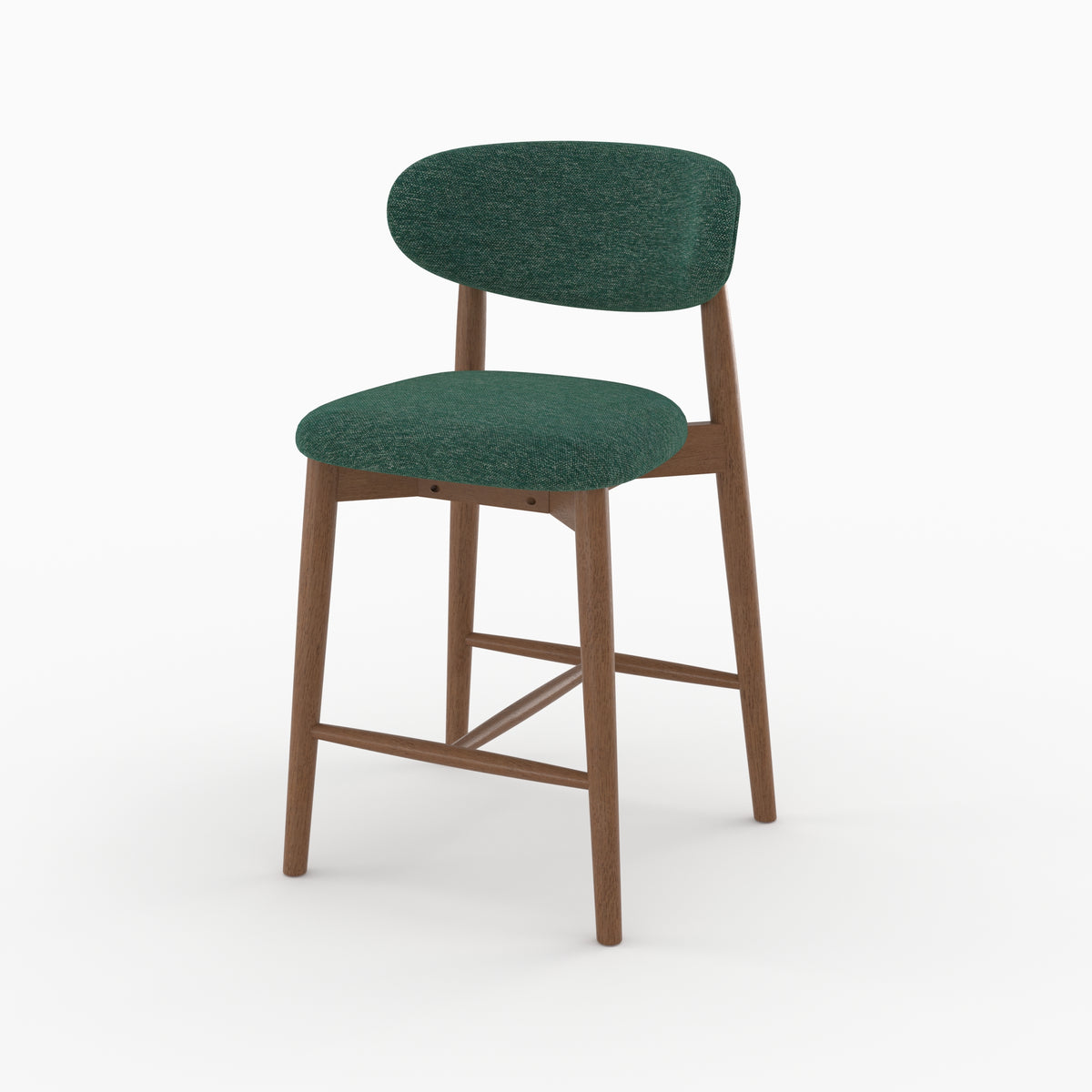 Chaise pour ilot central Yuna 64,5 cm en tissu chiné vert sapin et bois foncé, vue de trois quarts - Maison Pavane