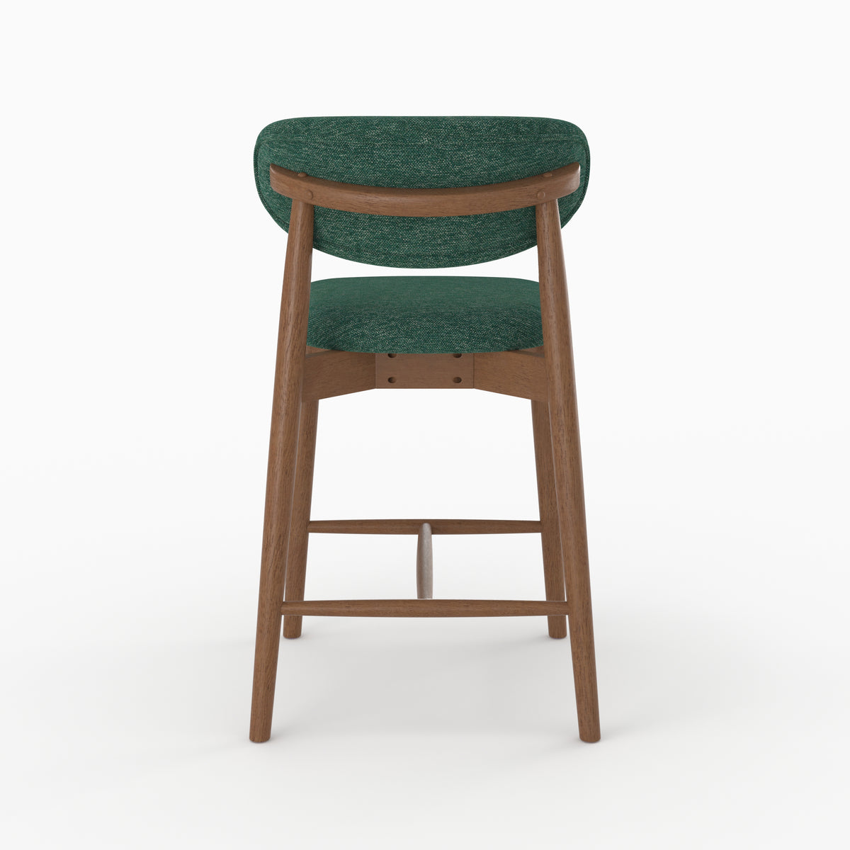 Chaise pour ilot central Yuna en tissu chiné vert sapin et bois foncé, vue de dos - Maison Pavane
