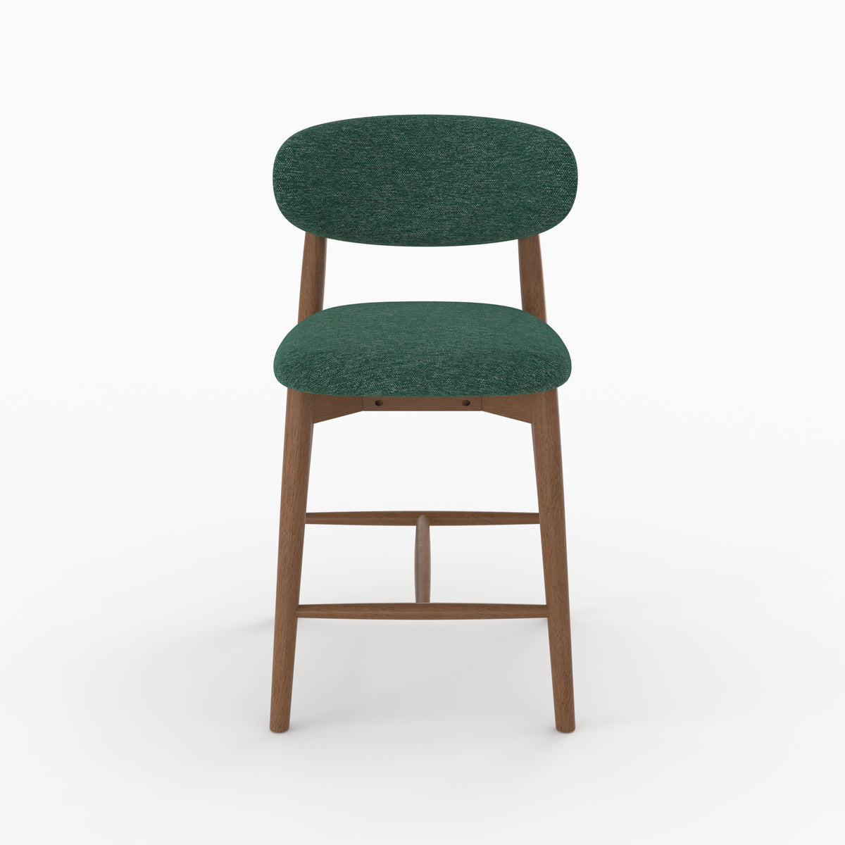 Chaise pour ilot central Yuna 64,5 cm en tissu chiné vert sapin et bois foncé, vue de face - Maison Pavane
