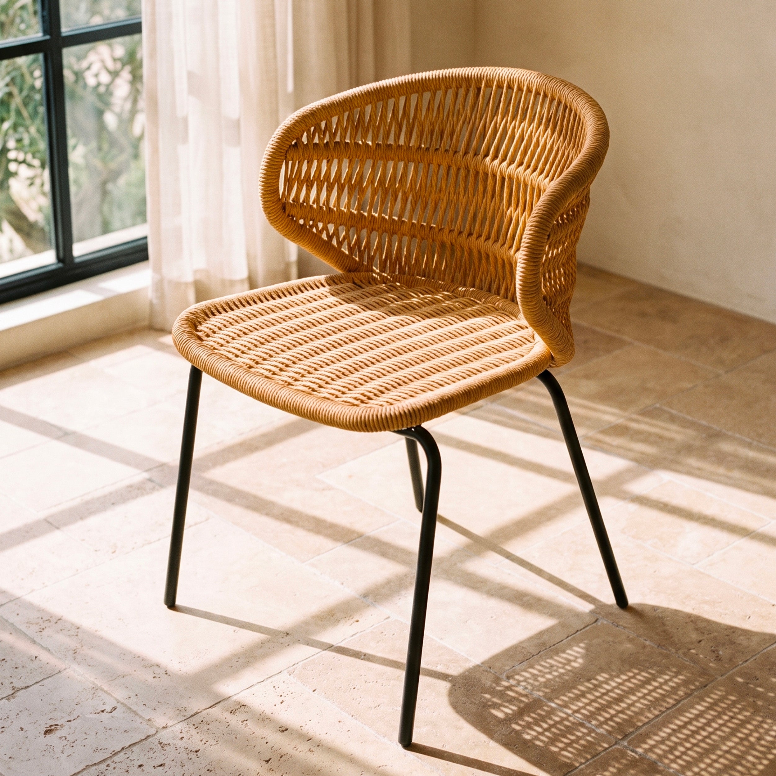 Chaise Lara Maison Pavane en rotin tressé, usage intérieur comme extérieur, devant une fenêtre voilée.