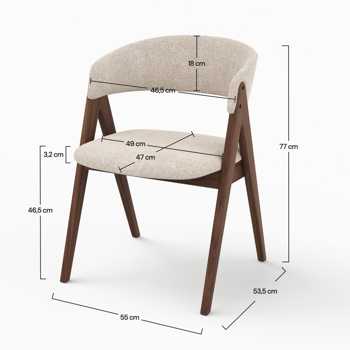 Dimensions de la chaise Isis en bois foncé et tissu beige foncé - Maison Pavane