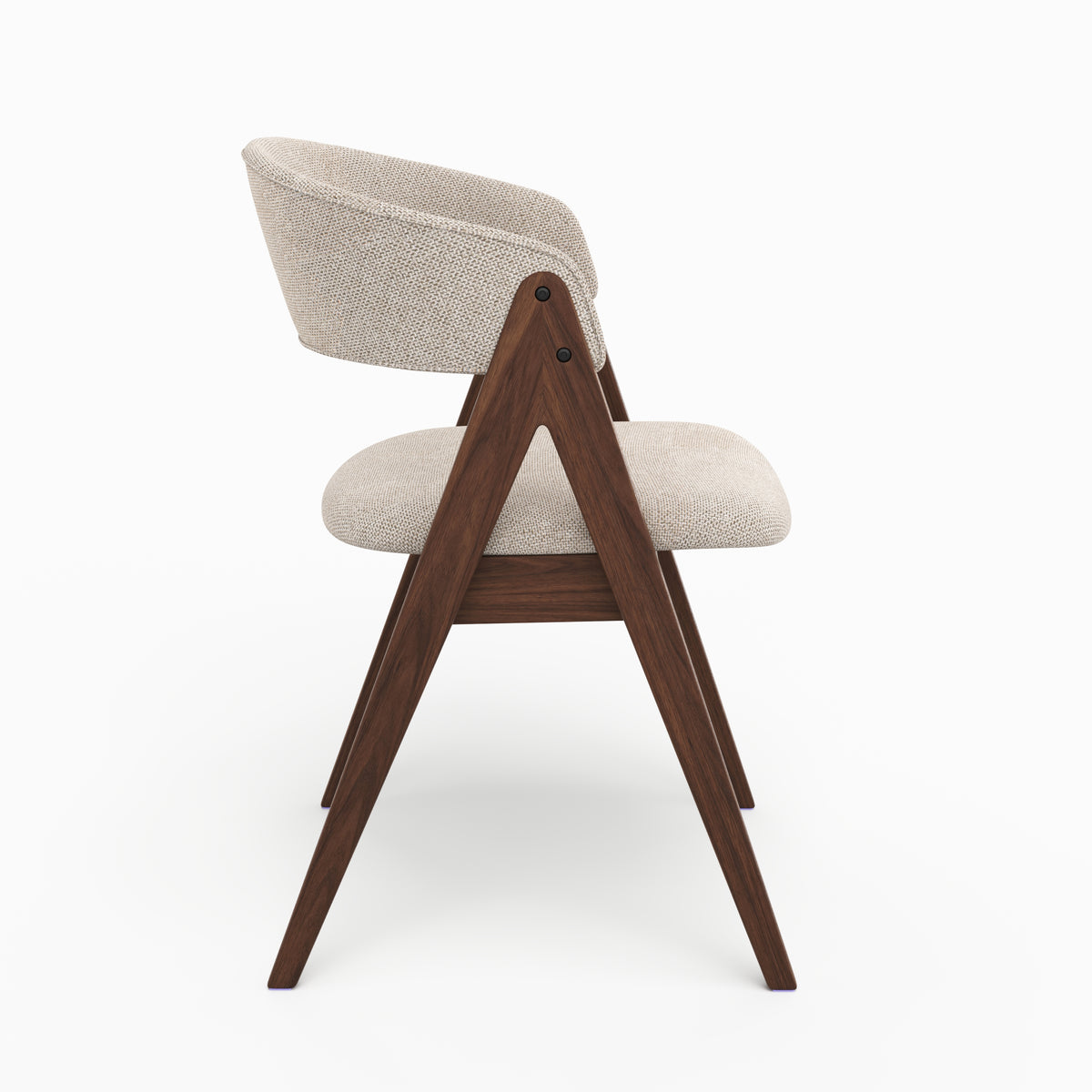 Chaise Isis en bois foncé et tissu beige foncé, vue de profil - Maison Pavane