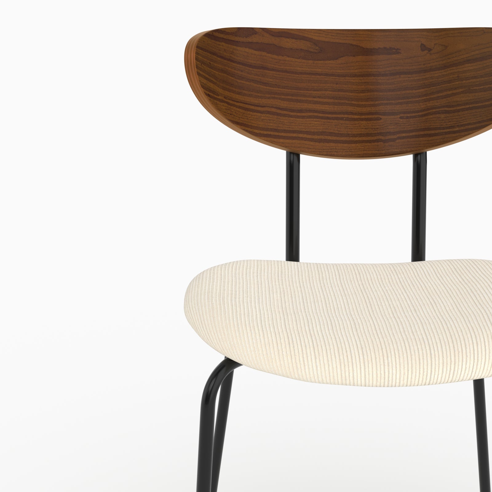 Détail de l'assise en velours côtelé blanc crème et du dossier en bois de la chaise Jade - Maison Pavane