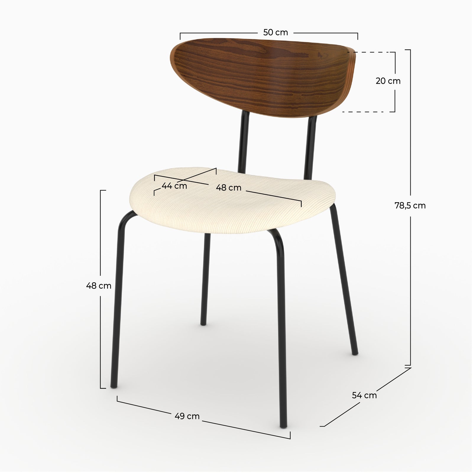 Dimensions de la chaise Jade en velours côtelé blanc crème et dossier en bois - Maison Pavane
