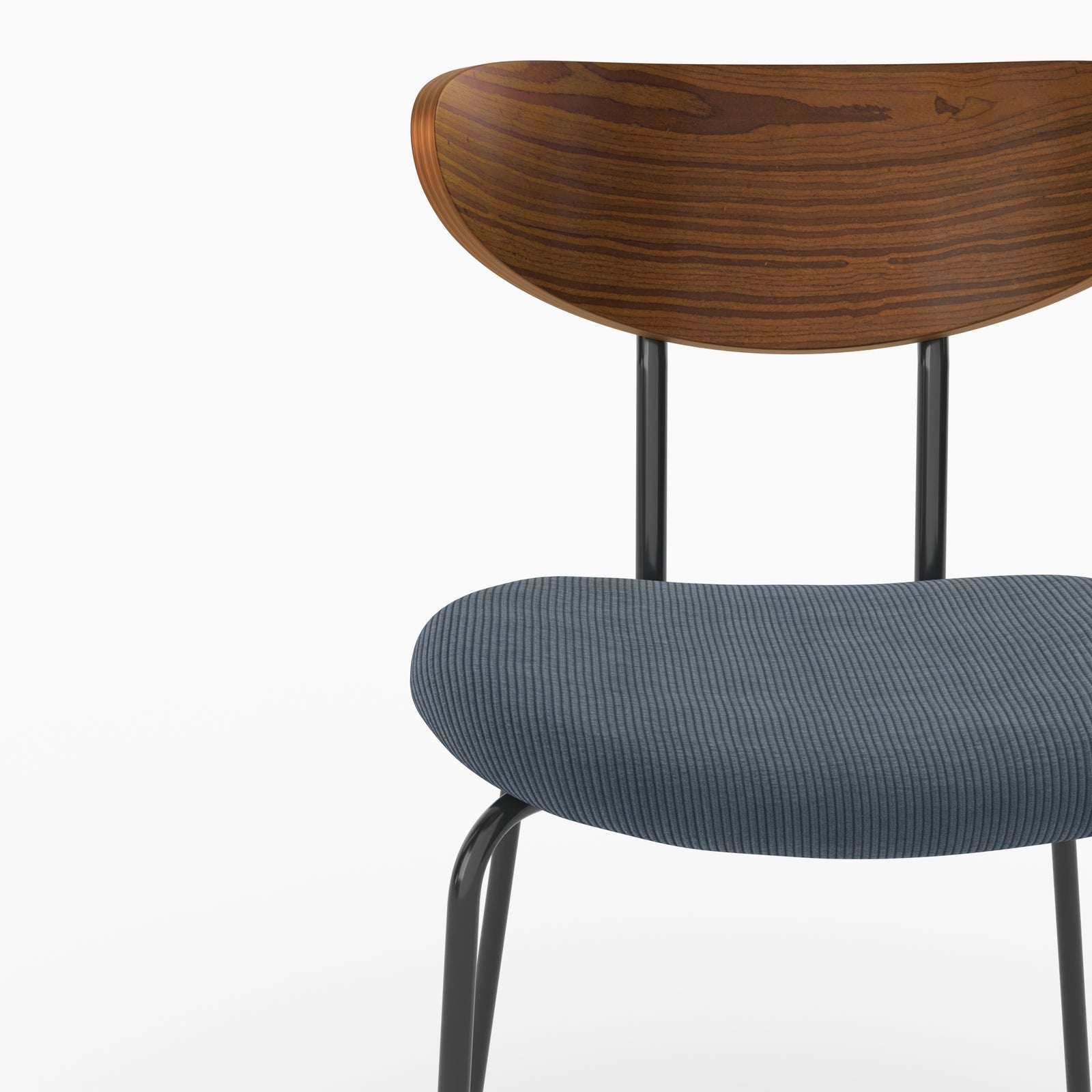 Détail de l'assise en velours côtelé bleu marine et du dossier en bois de la chaise Jade - Maison Pavane