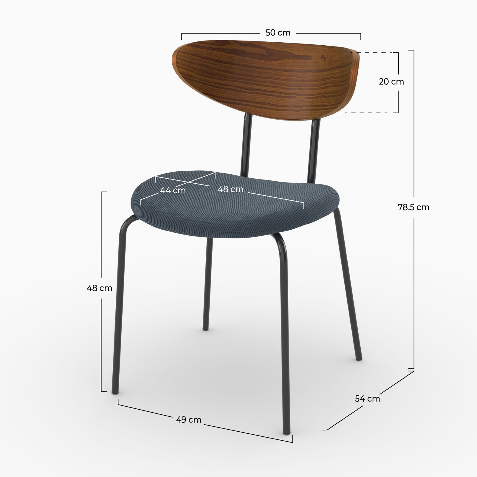 Dimensions de la chaise Jade en velours côtelé bleu marine et dossier en bois - Maison Pavane