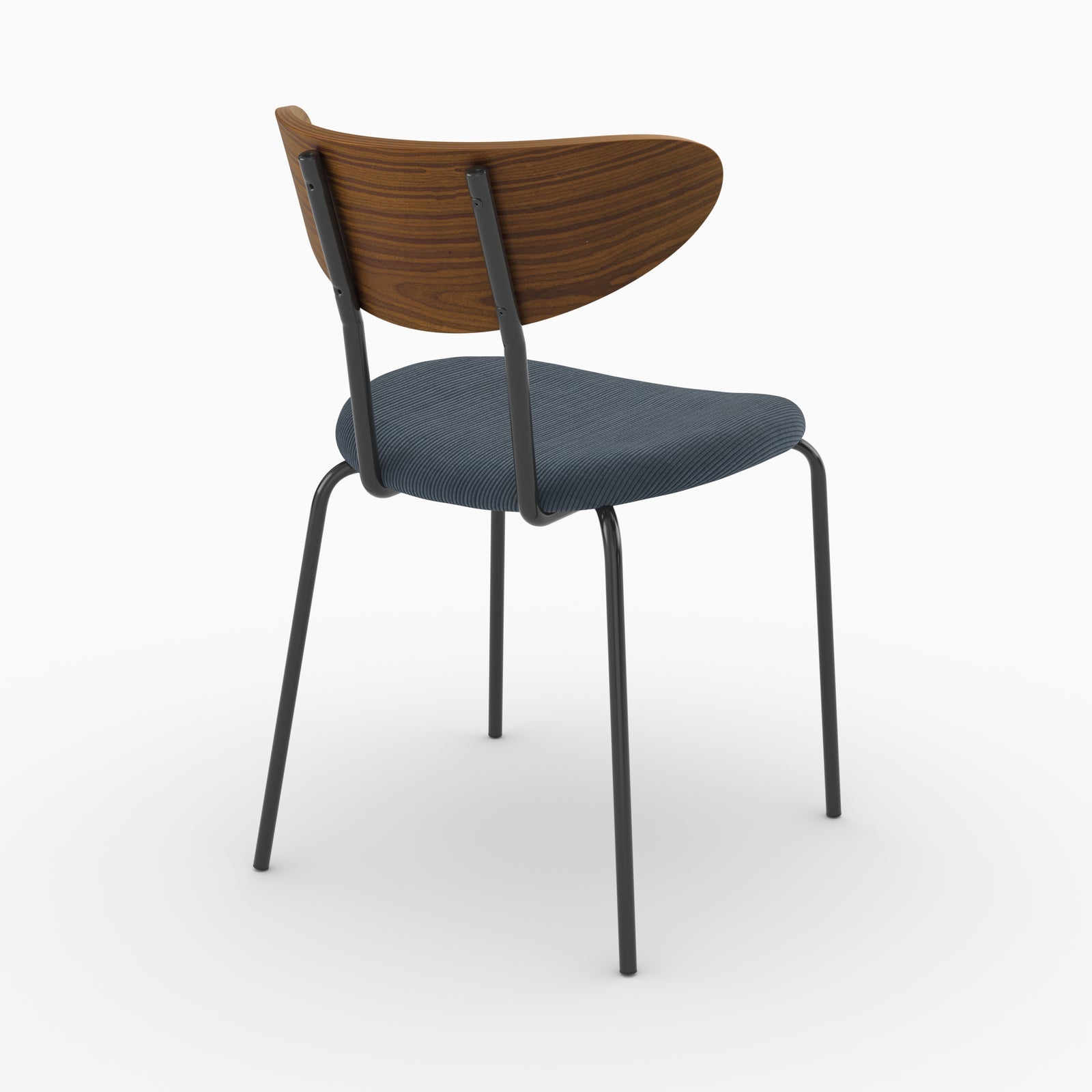 Chaise Jade en velours côtelé bleu marine et dossier en bois, vue de trois quarts arrière - Maison Pavane