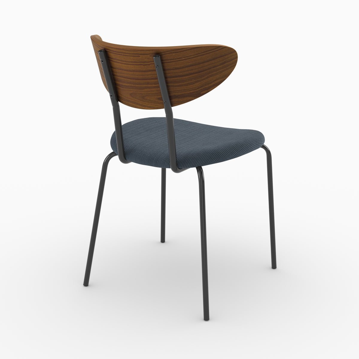 Chaise Jade en velours côtelé bleu marine et dossier en bois, vue de trois quarts arrière - Maison Pavane