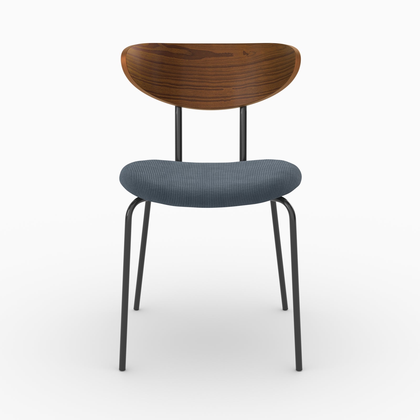 Chaise Jade en velours côtelé bleu marine et dossier en bois, vue de face - Maison Pavane