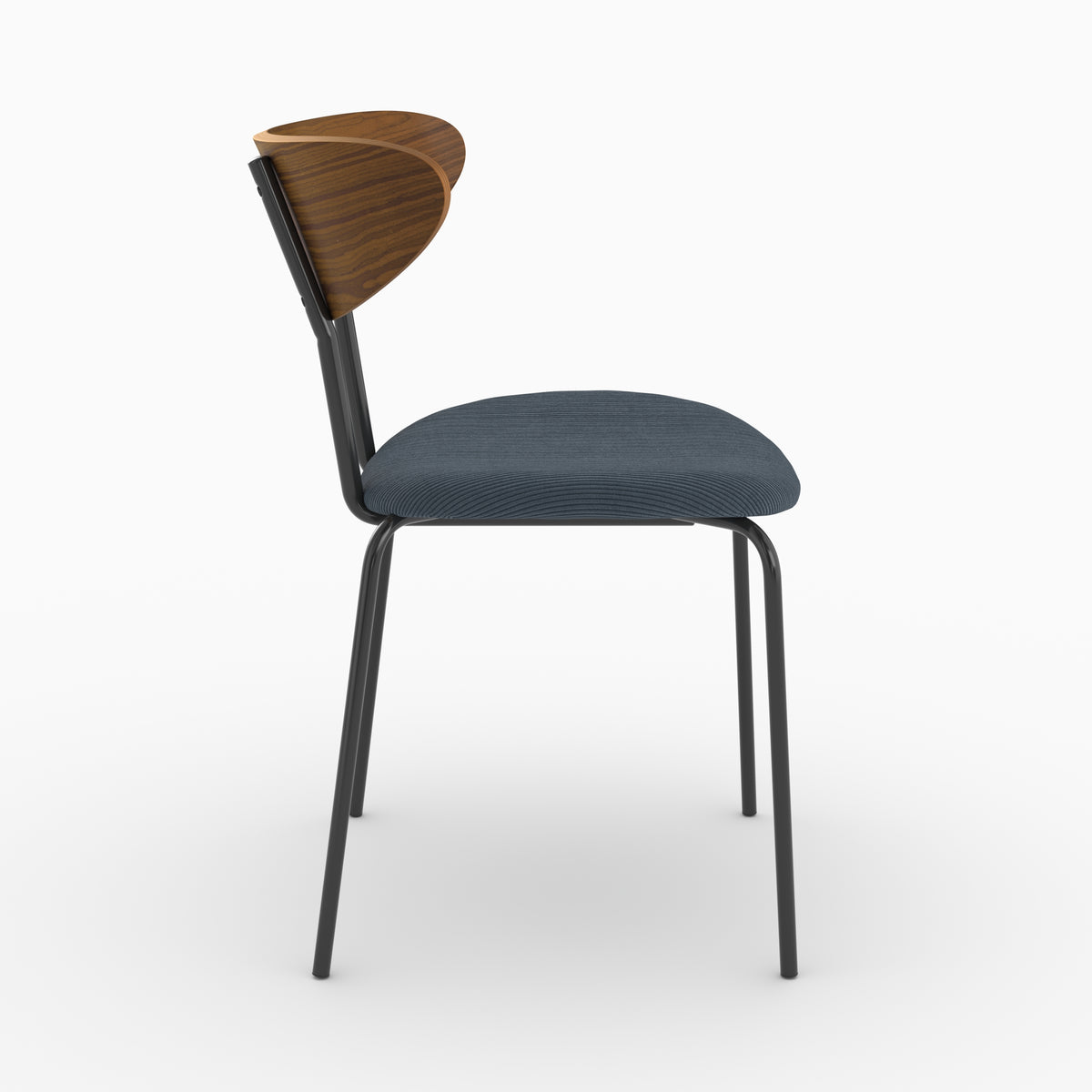 Chaise Jade en velours côtelé bleu marine et dossier en bois, vue de profil - Maison Pavane