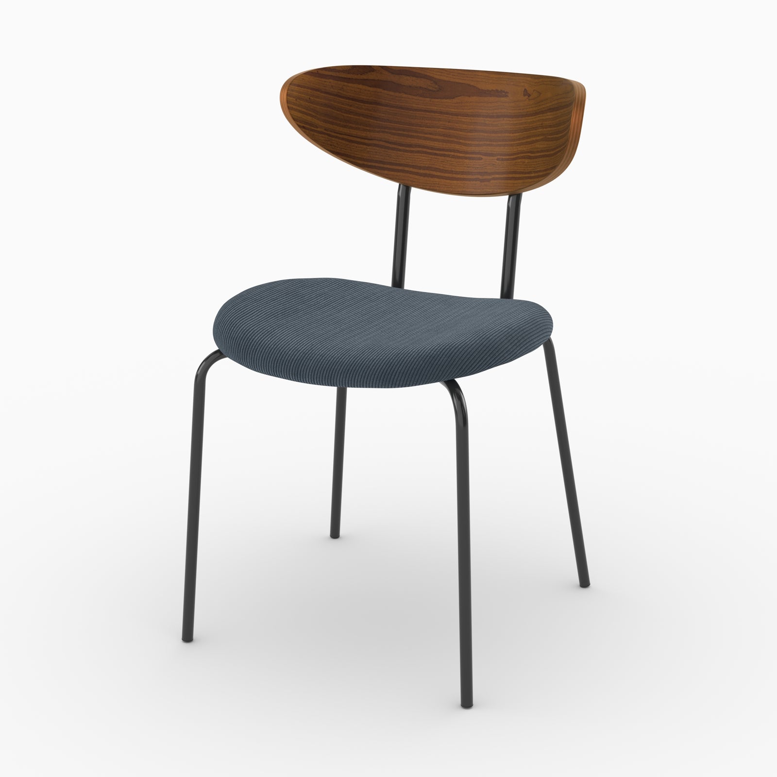 Chaise Jade en velours côtelé bleu marine et dossier en bois, vue de trois quarts - Maison Pavane