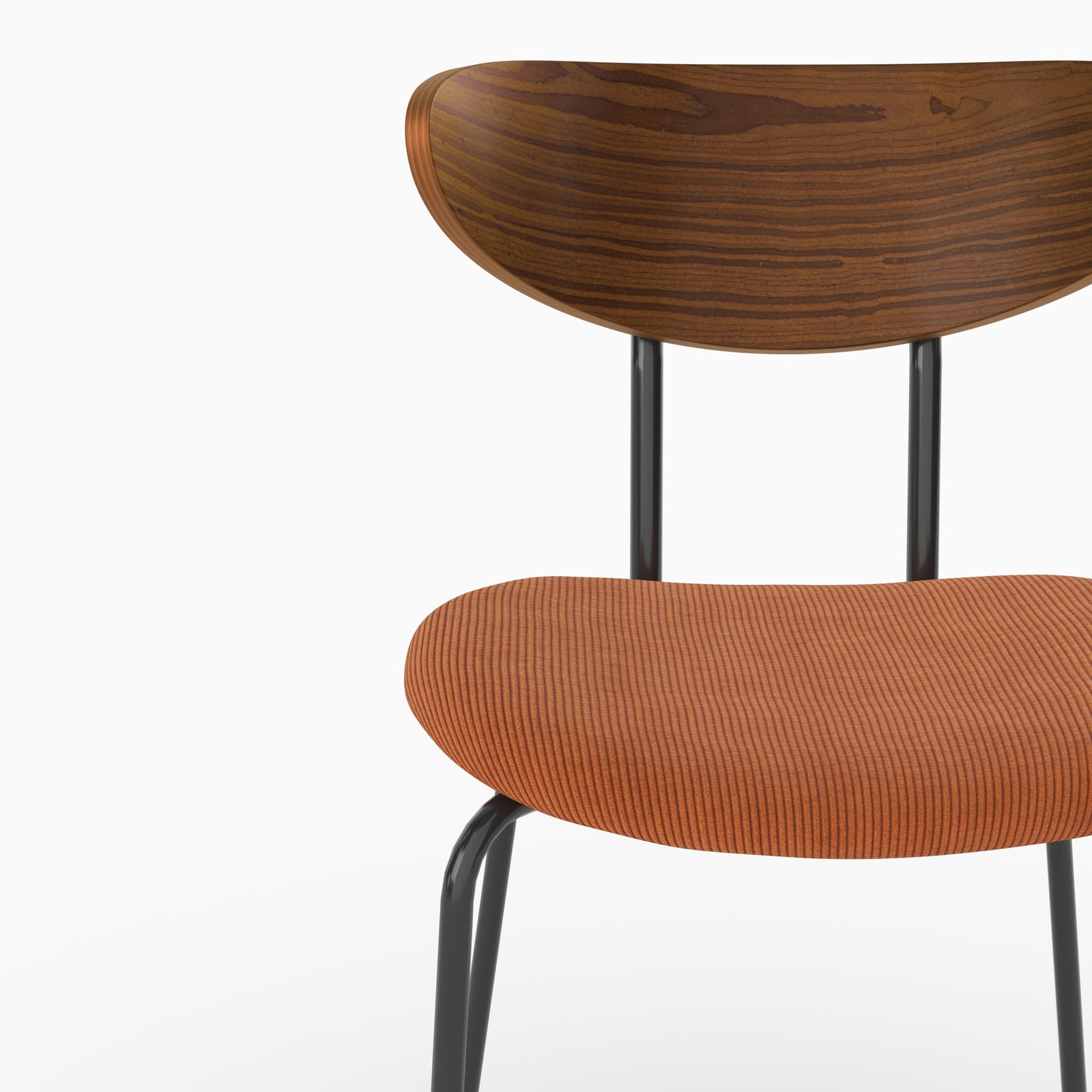 Détail de l'assise en velours côtelé terracotta et du dossier en bois de la chaise Jade - Maison Pavane