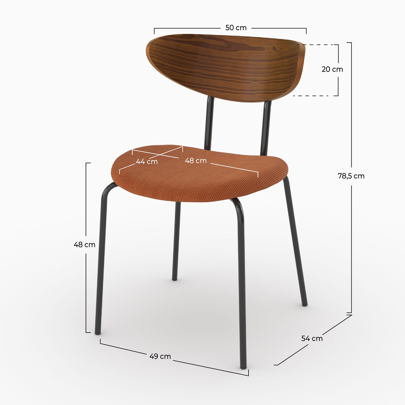 Dimensions de la chaise Jade en velours côtelé terracotta et dossier en bois - Maison Pavane