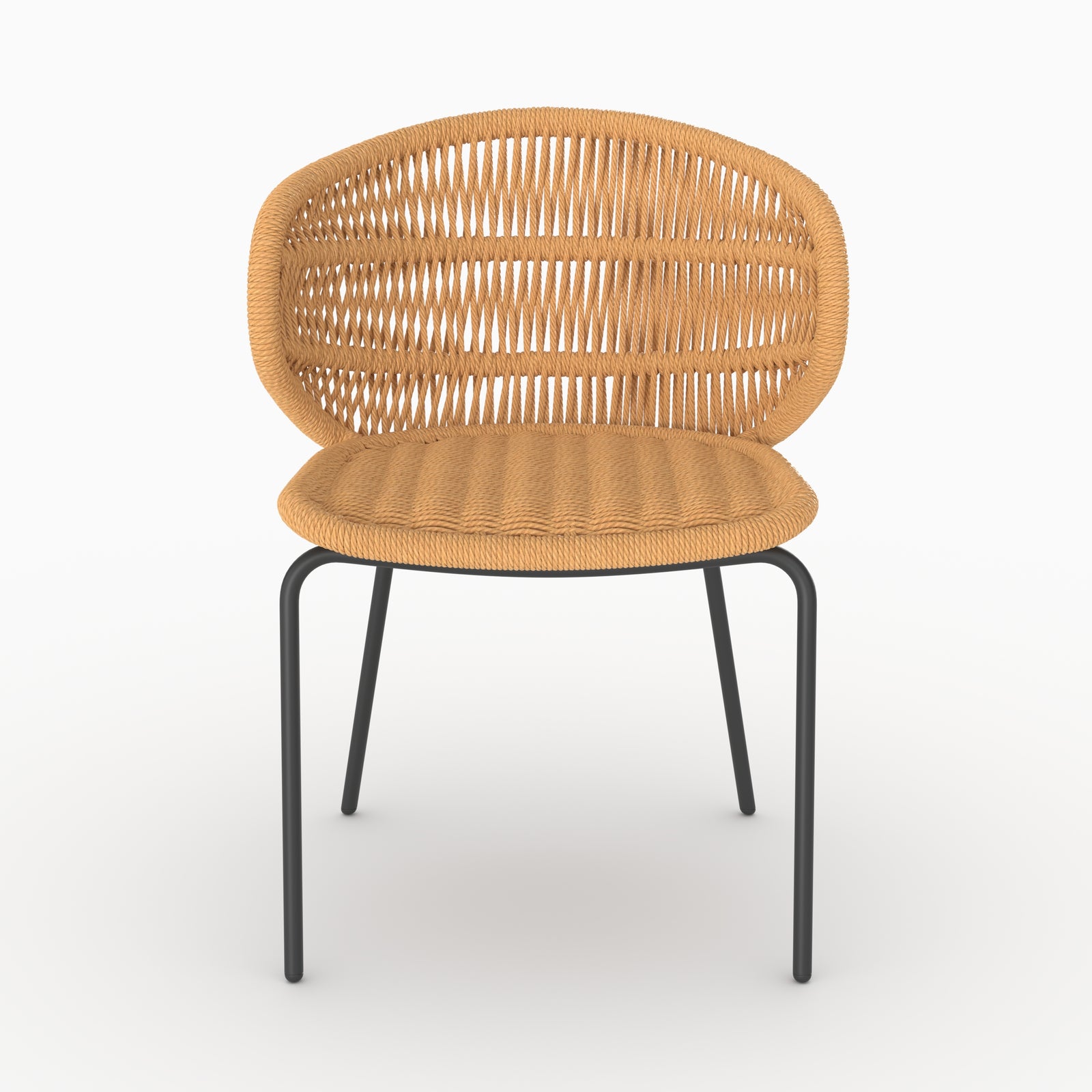 Chaise de jardin Lara en rotin synthétique naturel, piètement métal noir, vue de face - Maison Pavane