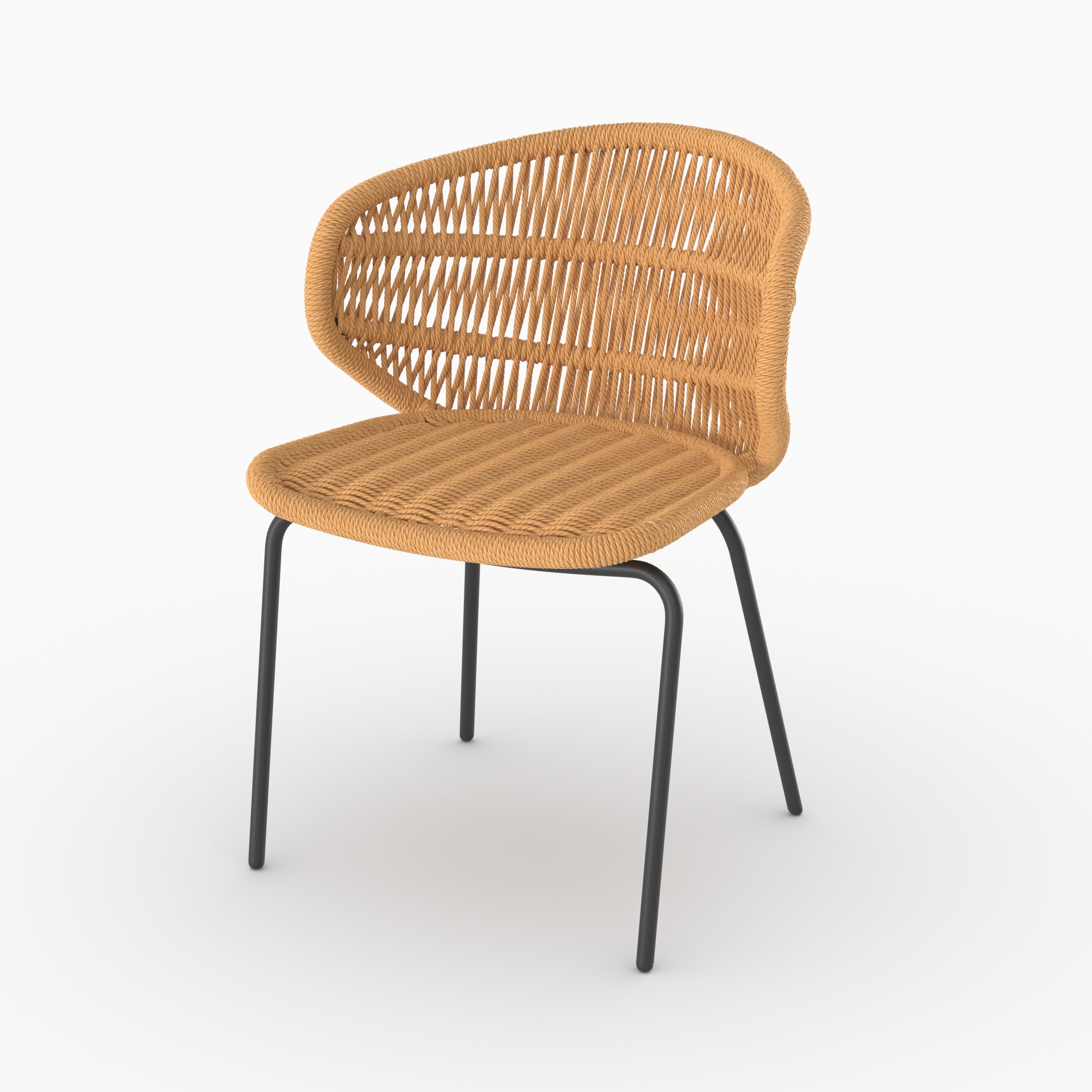 Chaise de jardin Lara en rotin synthétique naturel, pieds métal noir, vue trois-quarts - Maison Pavane