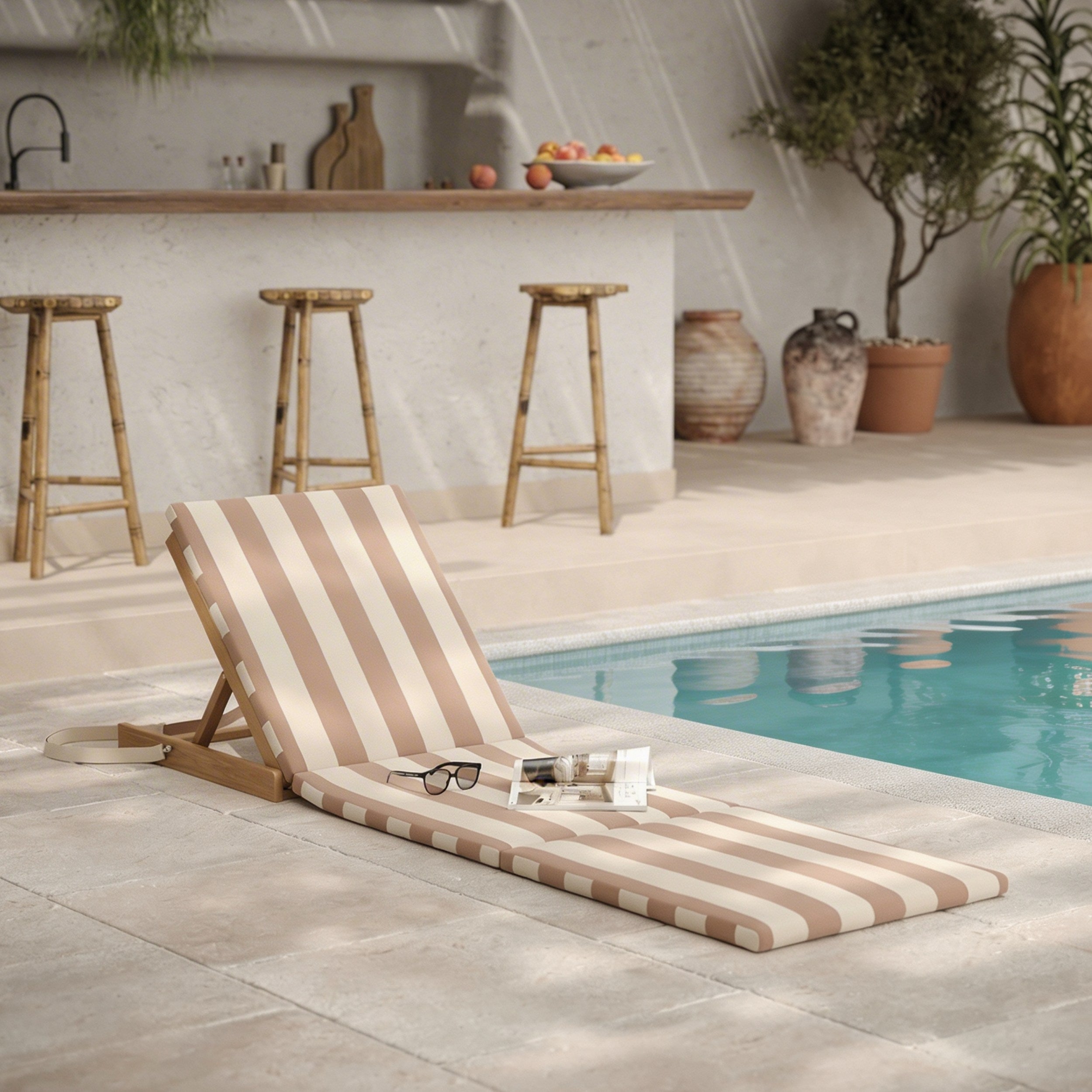 Chaise longue de plage transat rayé beige et écru