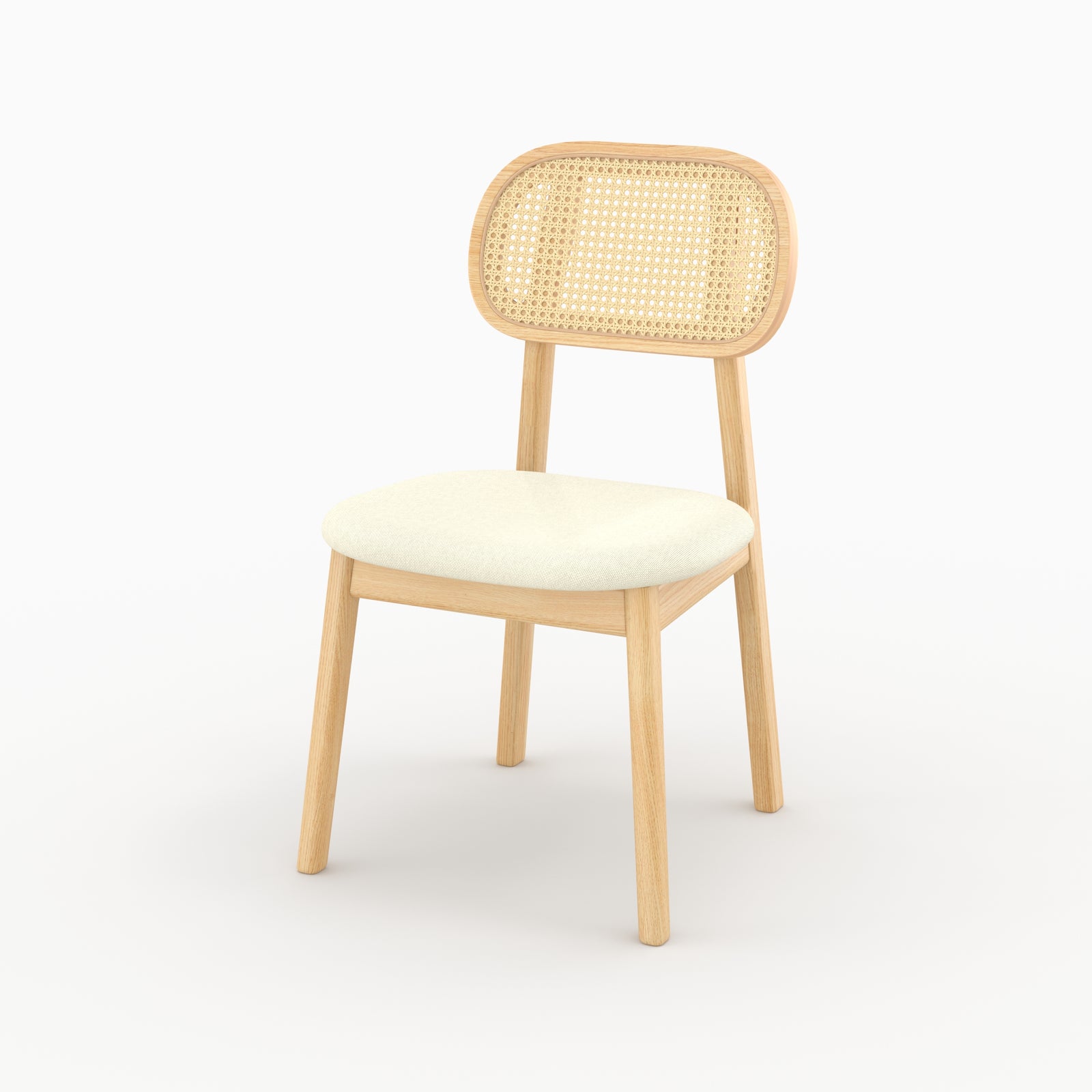 Chaise Maria bois clair rotin synthétique assise tissu blanc trois quarts face – Maison Pavane