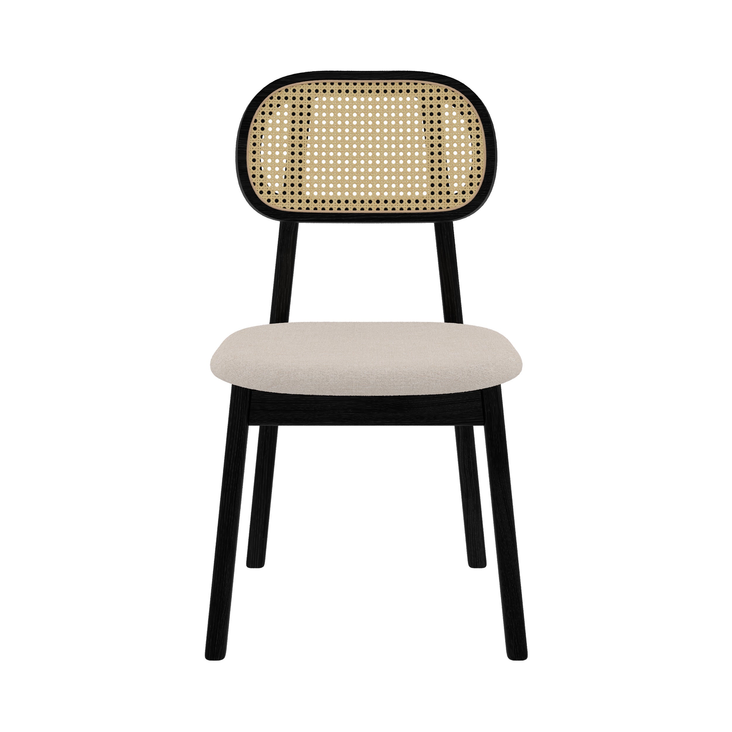 sedia maria in legno nero seduta in tessuto beige schienale in rattan