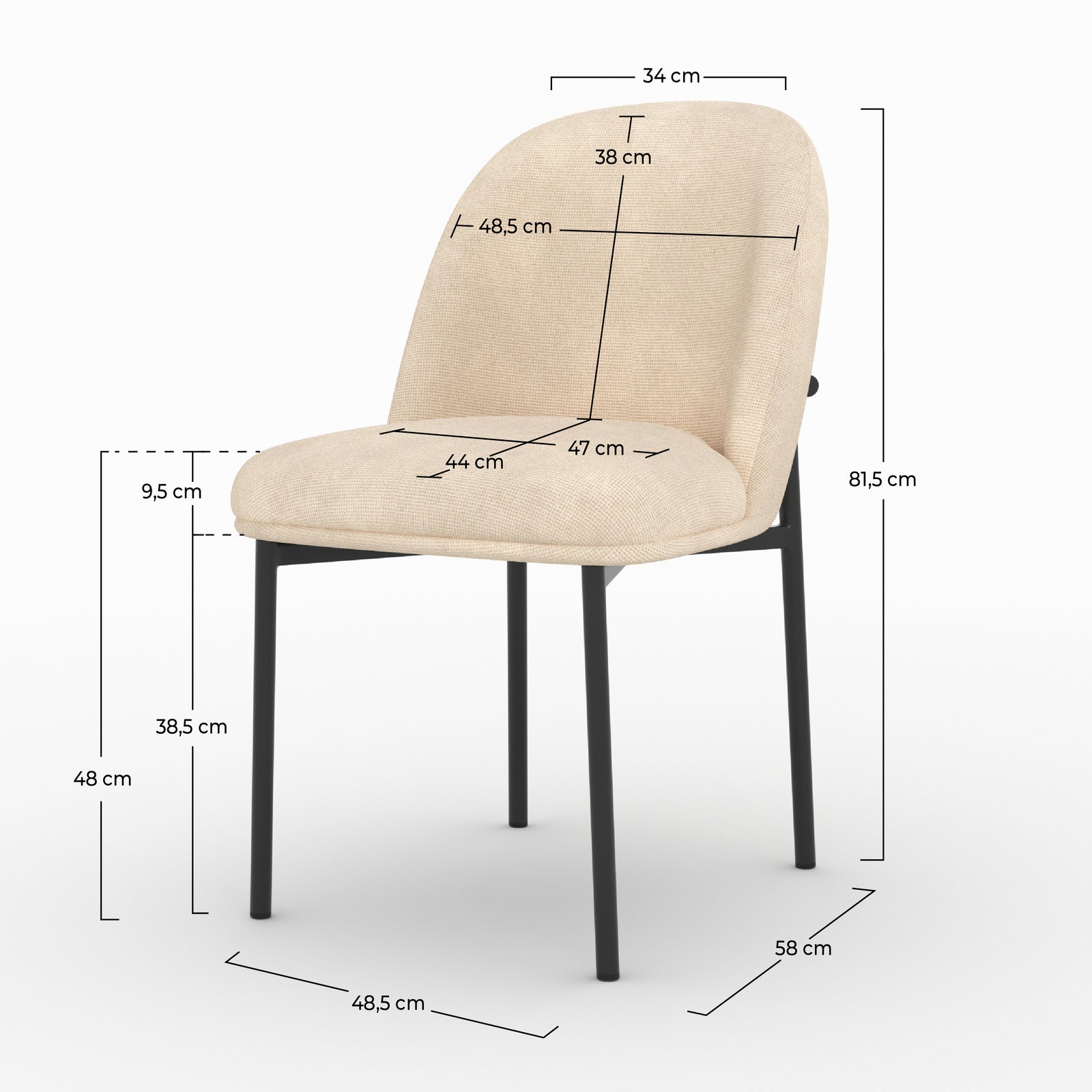 Dimensions de la chaise Noah en tissu beige et pieds en métal noir - Maison Pavane